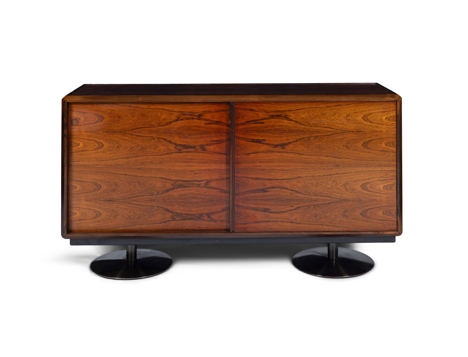 SIDEBOARD A rosewood sideboard with two sliding doors. Italy, c.1970. 150 x 46.5 x 85cm(h) (1 of 8)