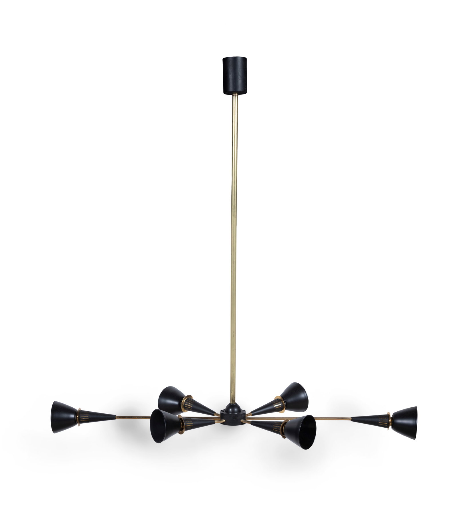 CEILING LIGHT Six arm ceiling light in brass and black enamel. Italy. c.1960. 88cm(h): CEILING LIGHT Six arm ceiling light in brass and black enamel. Italy. c.1960. 88cm(h)