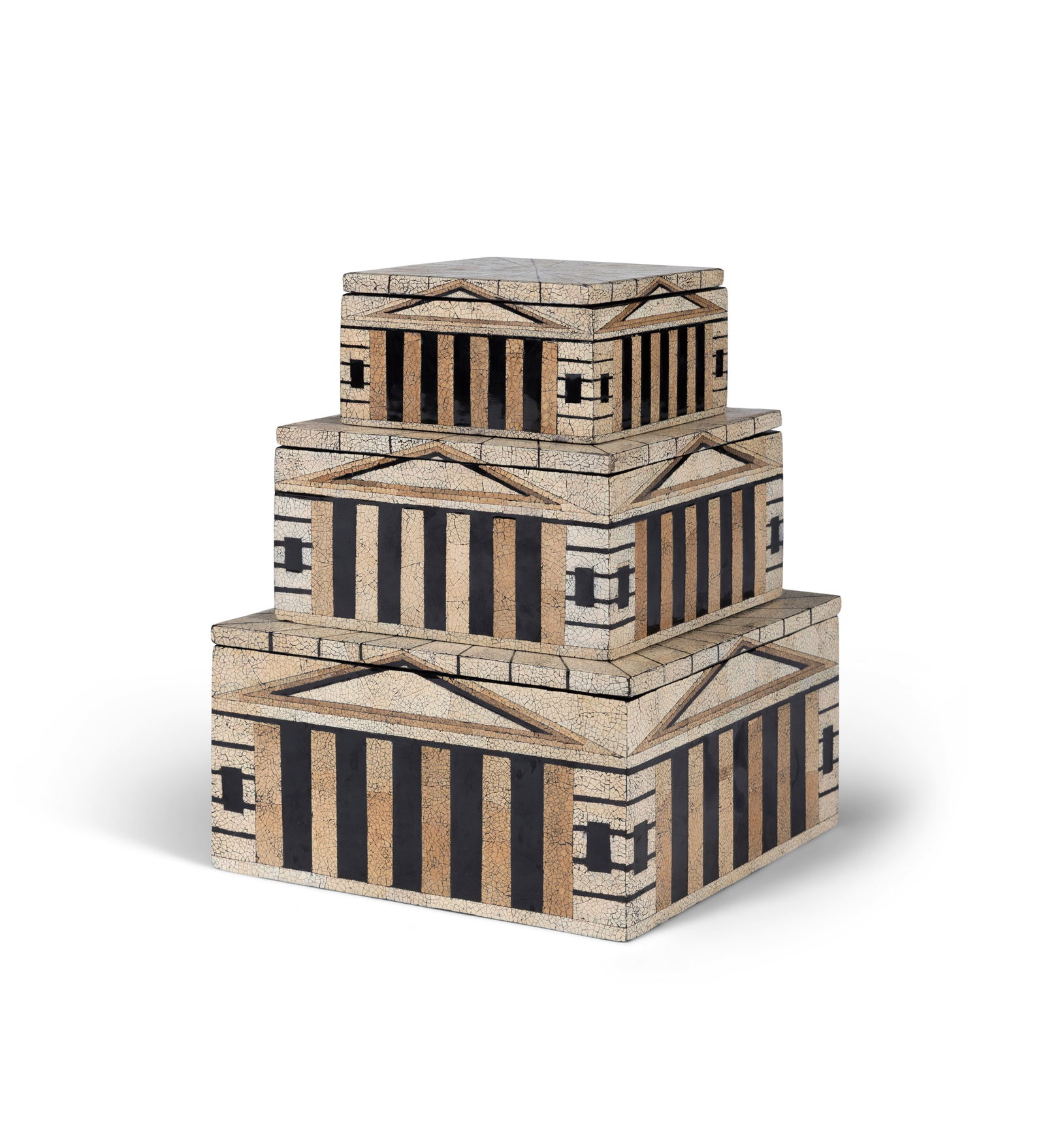 BOXES A set of three boxes with lids in the form of antique temples. Egg shell and lacquered wood.: BOXES A set of three boxes with lids in the form of antique temples. Egg shell and lacquered wood. Vietnam. 25 x 25 x 33cm(h)