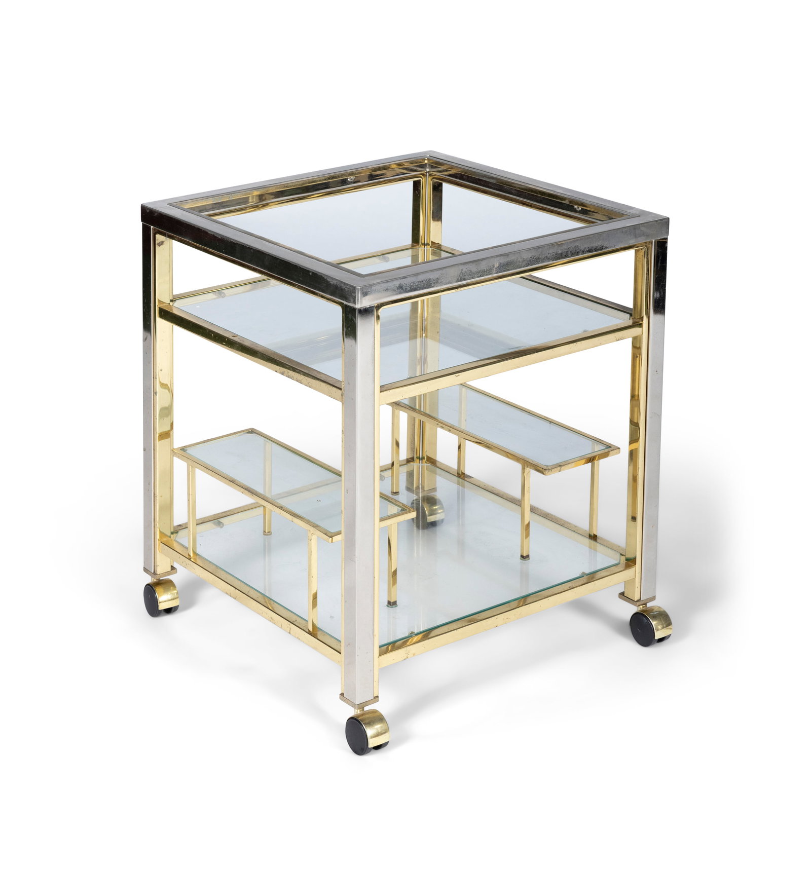 TROLLEY A gilt metal and chrome drinks trolley on castors. Italy, c.1970. 56 x 56 x 66cm(h): TROLLEY A gilt metal and chrome drinks trolley on castors. Italy, c.1970. 56 x 56 x 66cm(h)