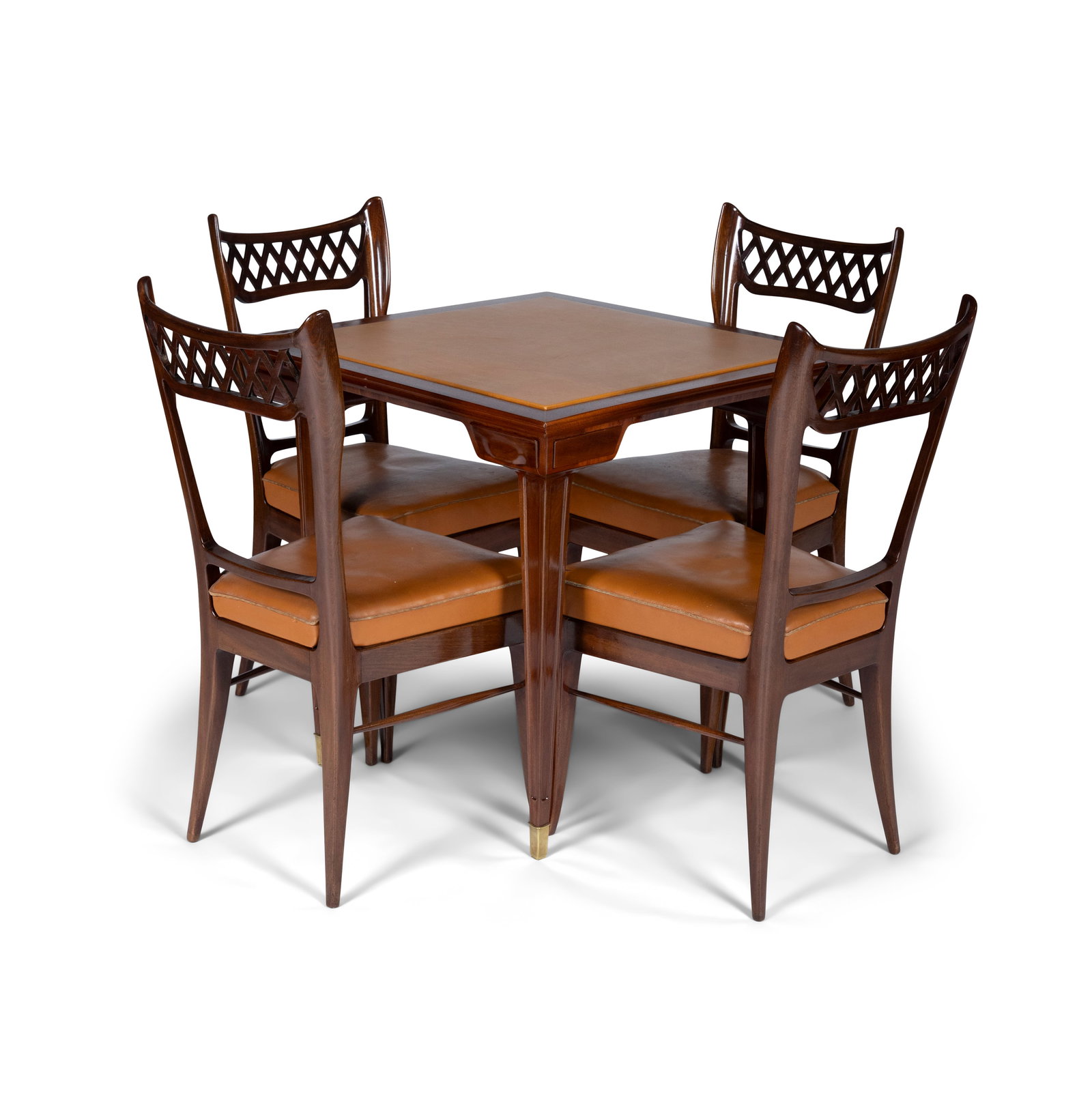 GAMES TABLE A mahogany games table with a set of four chairs. Italy, c.1960. 79.5 x 79.5 x 78cm(h) (1 of 7)