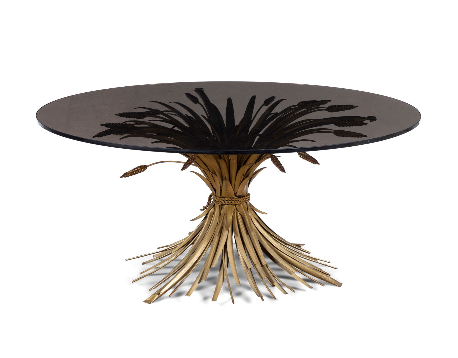 TABLE A sheaf of wheat gold and glass table. 90cm(d) x 45cm(h): TABLE A sheaf of wheat gold and glass table. 90cm(d) x 45cm(h)