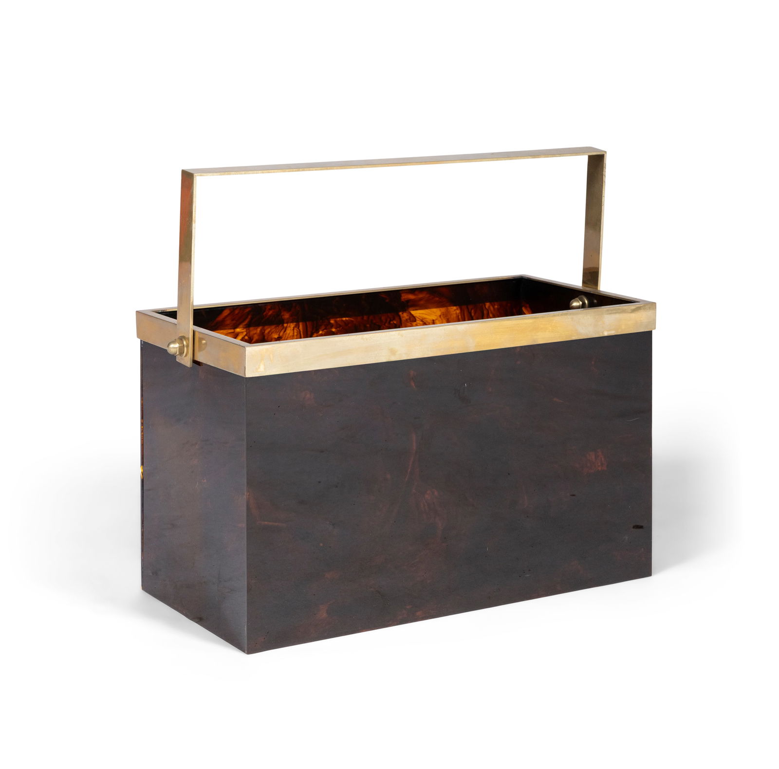 MAGAZINE RACK A faux tortoise shell magazine rack with handle. Italy, c.1970. 40 x 20 x 38cm(h): MAGAZINE RACK A faux tortoise shell magazine rack with handle. Italy, c.1970. 40 x 20 x 38cm(h)