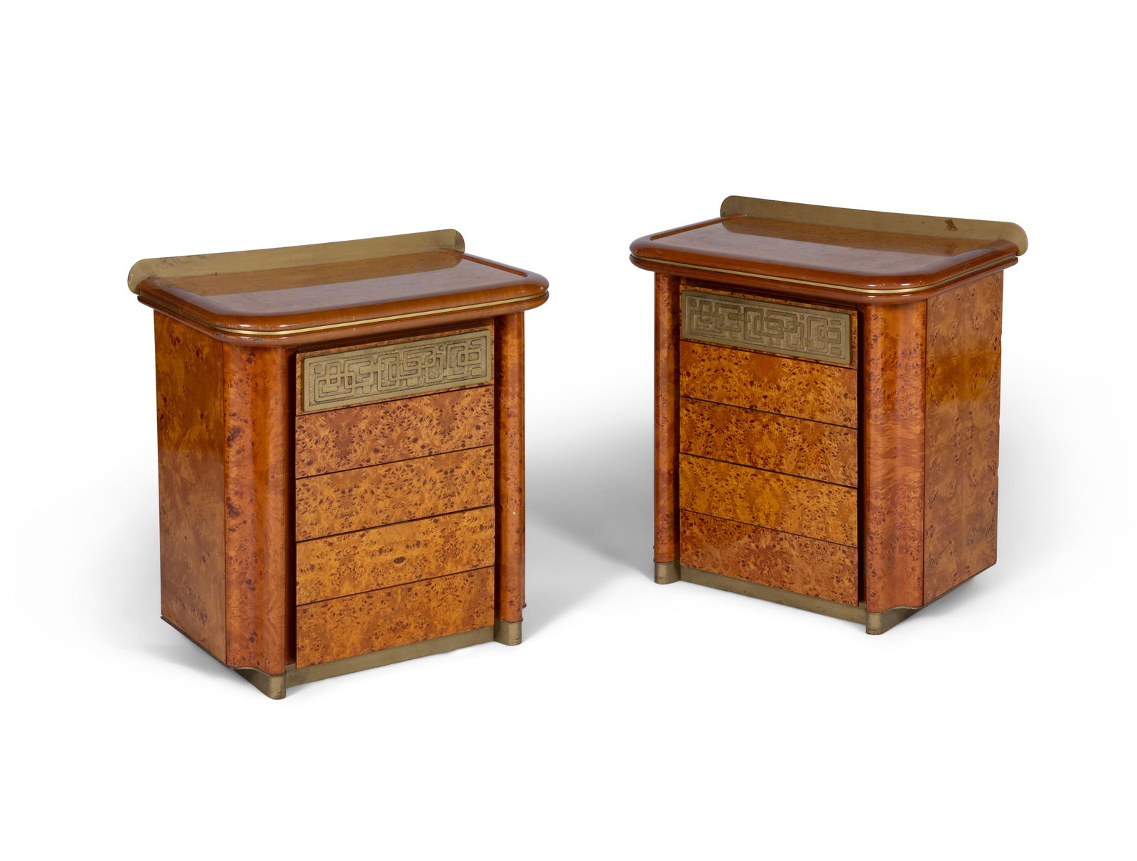 BEDSIDE TABLES A pair of burl walnut bedside table with five drawers. Attrib. to Luciano Frigerio.: BEDSIDE TABLES A pair of burl walnut bedside table with five drawers. Attrib. to Luciano Frigerio. Italy, c.1960. 65 x 38 x 67cm(h)