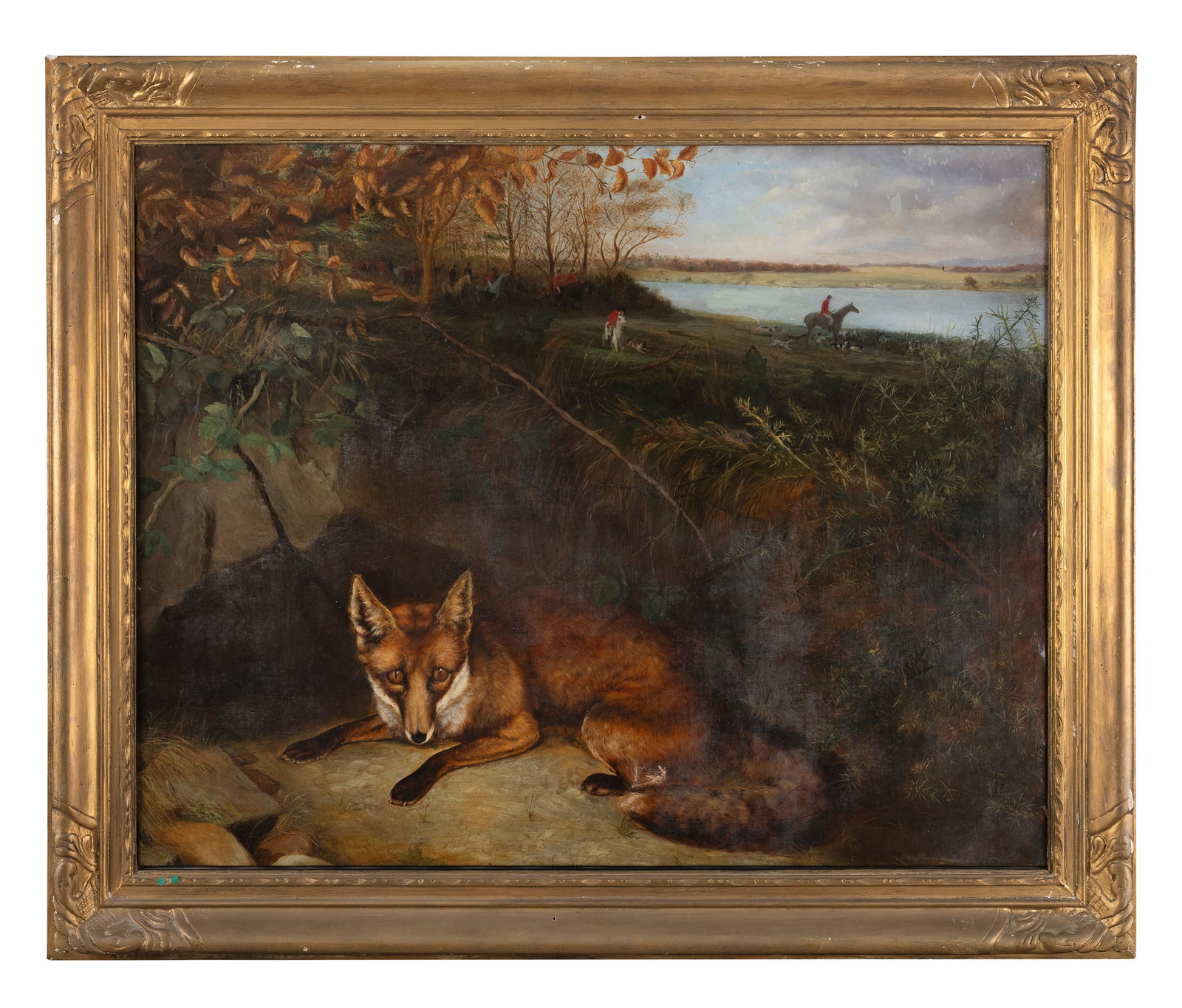 ENGLISH SCHOOL, 19TH CENTURY A Fox Hiding from the Hunt Oil on canvas, 75 x 96cm Provenance: (1 of 3)