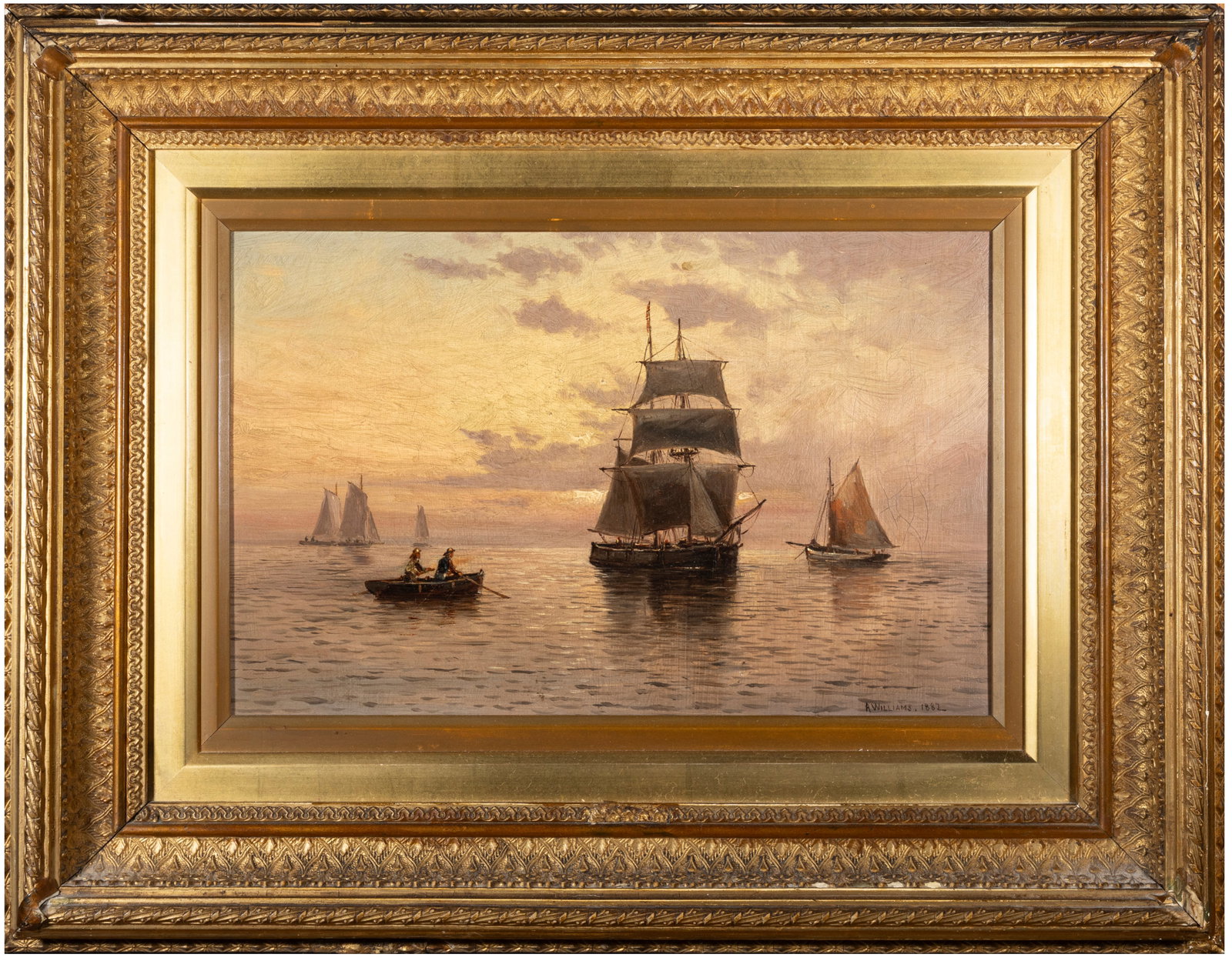 ALEXANDER WILLIAMS RHA (1846-1930) Figures rowing to a Schooner at Sunset Oil on canvas, 19 x 29cm (1 of 5)