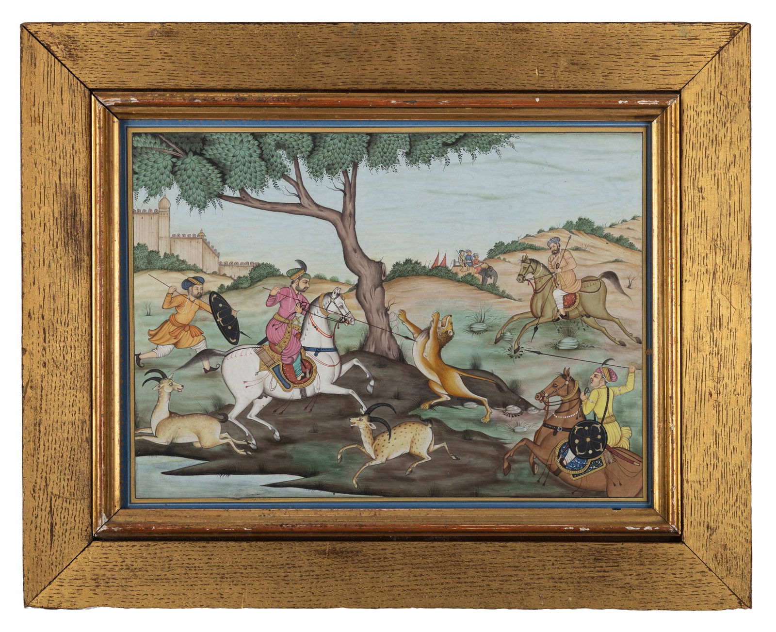 INDIAN SCHOOL 19TH CENTURY A Lion Hunt, c.1860 Gouache, 22 x 30cm With stamp verso of J + W (1 of 3)