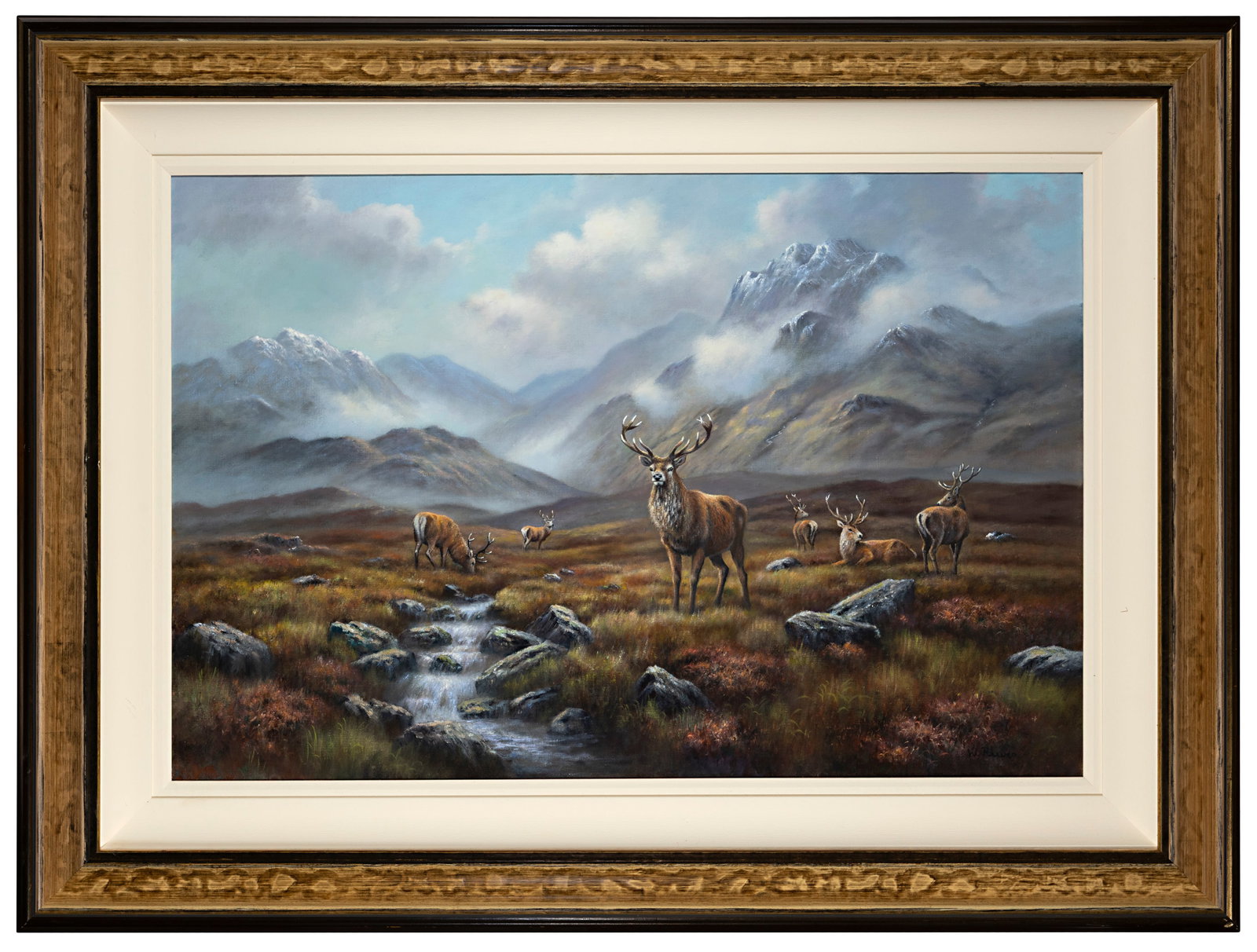 W. REEVES (BRITISH B. 1944) Stags in a mountainous landscape with stream Oil on canvas, 50.5 x 76cm (1 of 4)