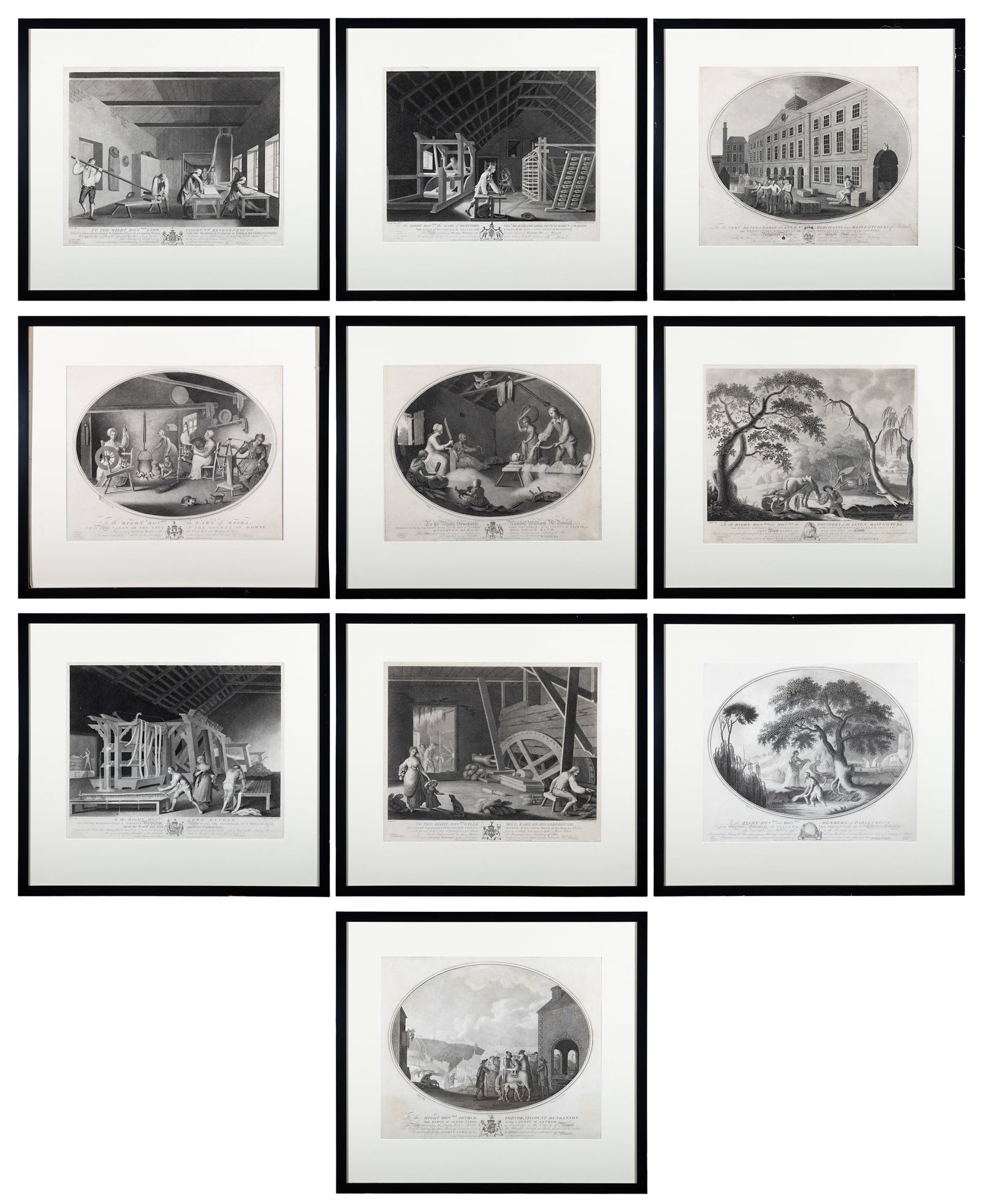 AFTER WILLIAM HINCKS Linen Manufacturing Process A set of ten monochrome engravings, 34.5 x 41cm (1 of 20)