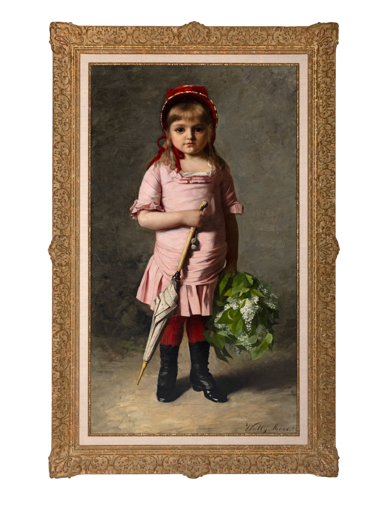 WALLY MOES (1856-1918) Portrait of a Young Girl Holding an Umbrella and Flowers Oil on canvas, 122 (1 of 5)