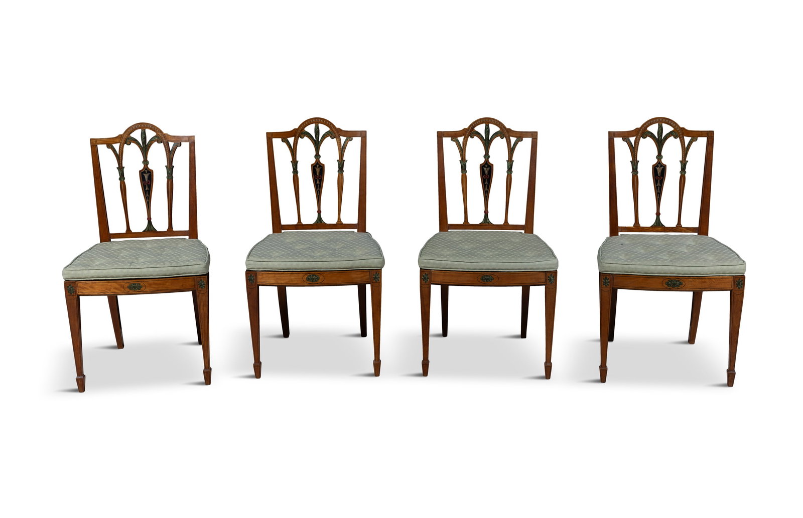 A SET OF FOUR 19TH CENTURY PAINTED SATINWOOD SIDE CHAIRS, with loose squab cushions (4) (1 of 6)