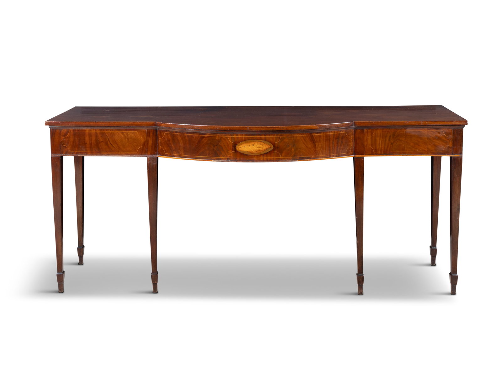 AN INLAID MAHOGANY BOWFRONT SERVING TABLE, 19TH CENTURY, with solid panel top above a broad frieze (1 of 6)