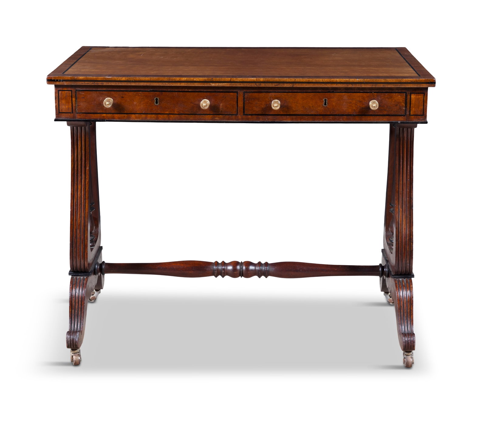 A REGENCY MAHOGANY AND ROSEWOOD BANDED SOFA TABLE, the rectangular crossbanded top with ebon (1 of 6)
