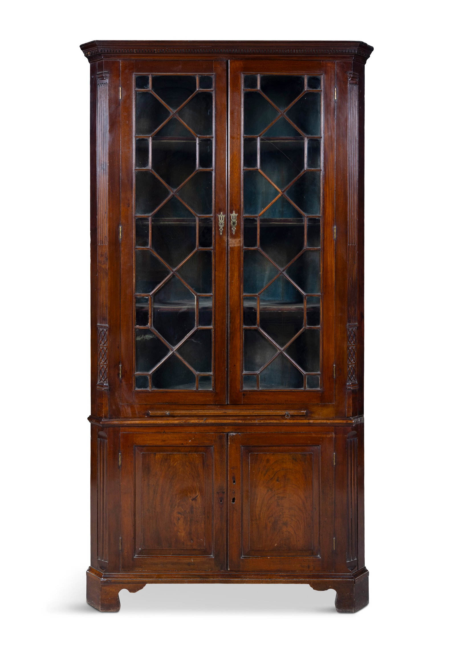 A LARGE GEORGE III MAHOGANY CORNER CABINET, the top section with moulded and dentil cornice, above (1 of 7)