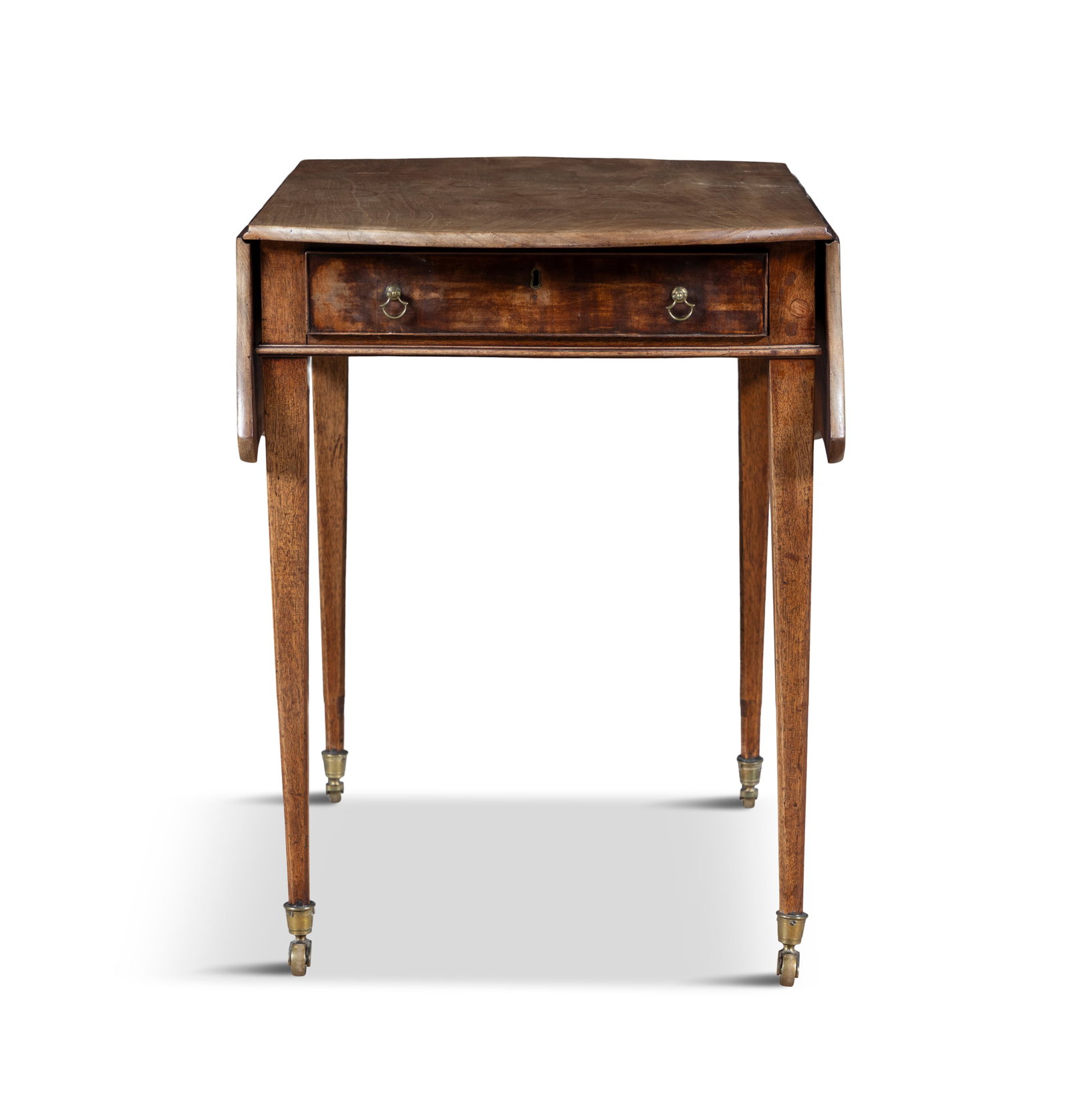 A GEORGE III MAHOGANY PEMBROKE TABLE, with twin drop leaf sides, single faux drawer, on square (1 of 4)