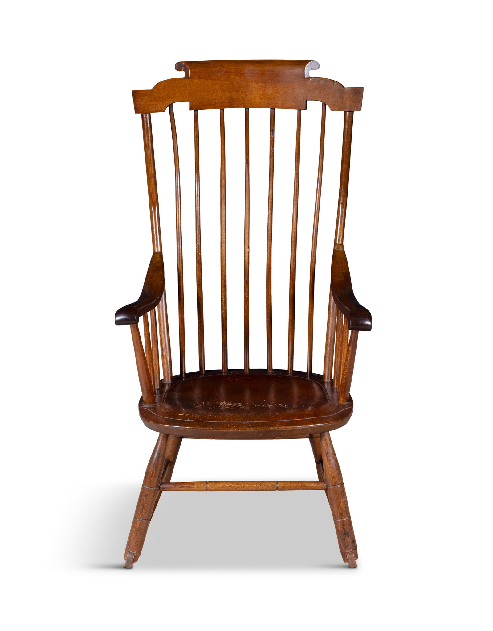 AN AMERICAN BEECHWOOD AND OAK ROCKING WINDOW CHAIR, EARLY 20TH CENTURY with a carved top rail (1 of 6)