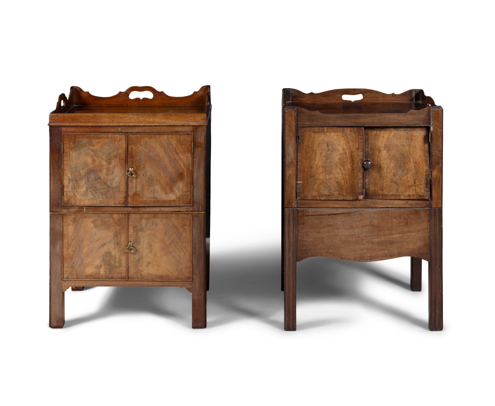 A MATCHED PAIR OF MAHOGANY GEORGE IV TRAY-TOP TOILET COMMODES, each of square shape with twin: A MATCHED PAIR OF MAHOGANY GEORGE IV TRAY-TOP TOILET COMMODES, each of square shape with twin doors above pull-out section fitted with ceramic bowls and supported on channelled legs, 82cm high, 55cm w