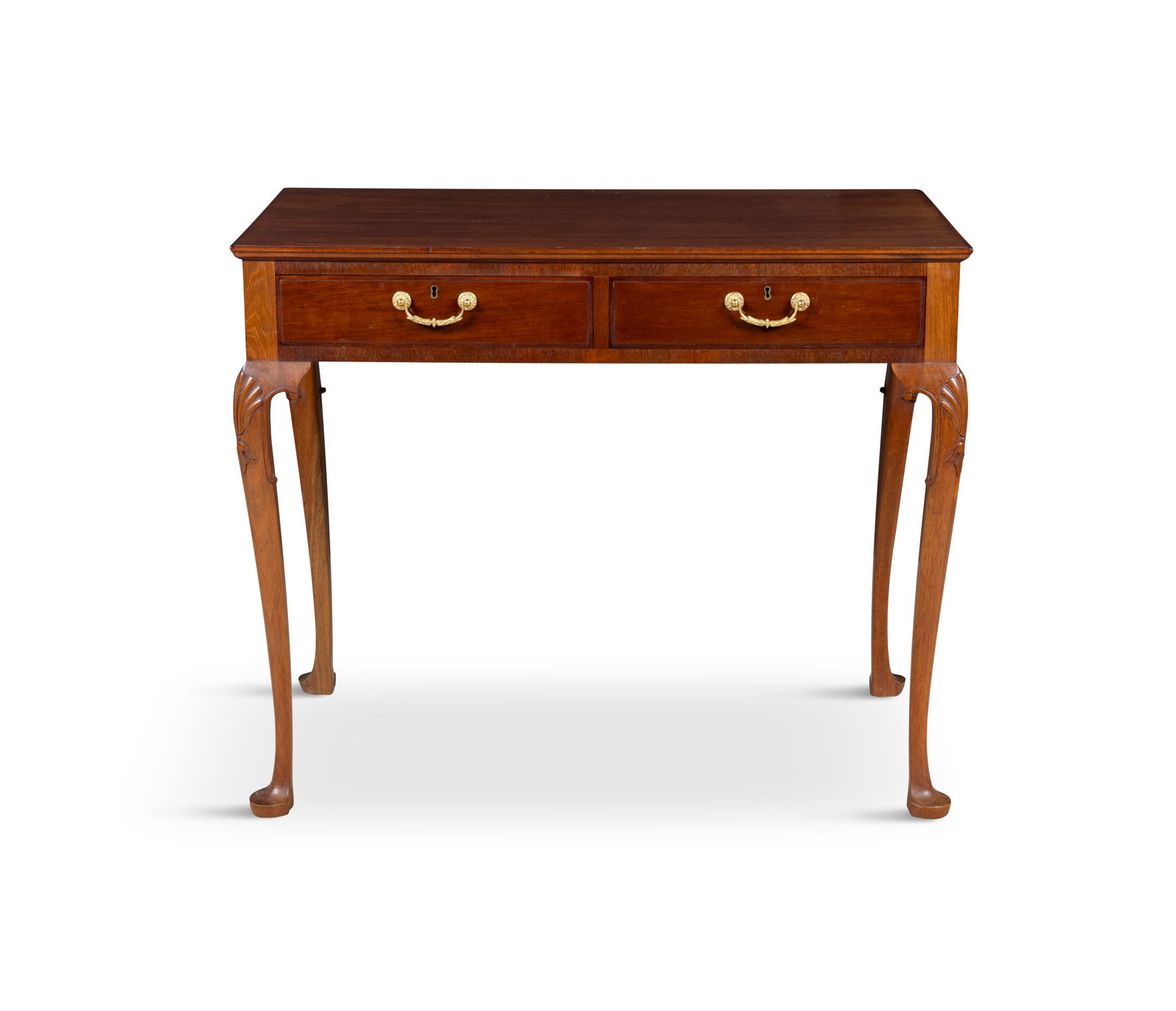 AN IRISH MAHOGANY SIDETABLE STAMPED JAMES HICKS OF PEMBROKE STREET, DUBLIN the rectangular top: AN IRISH MAHOGANY SIDETABLE STAMPED JAMES HICKS OF PEMBROKE STREET, DUBLIN the rectangular top above twin frieze drawers with ormolu handles on shell capped cabriole legs and club feet