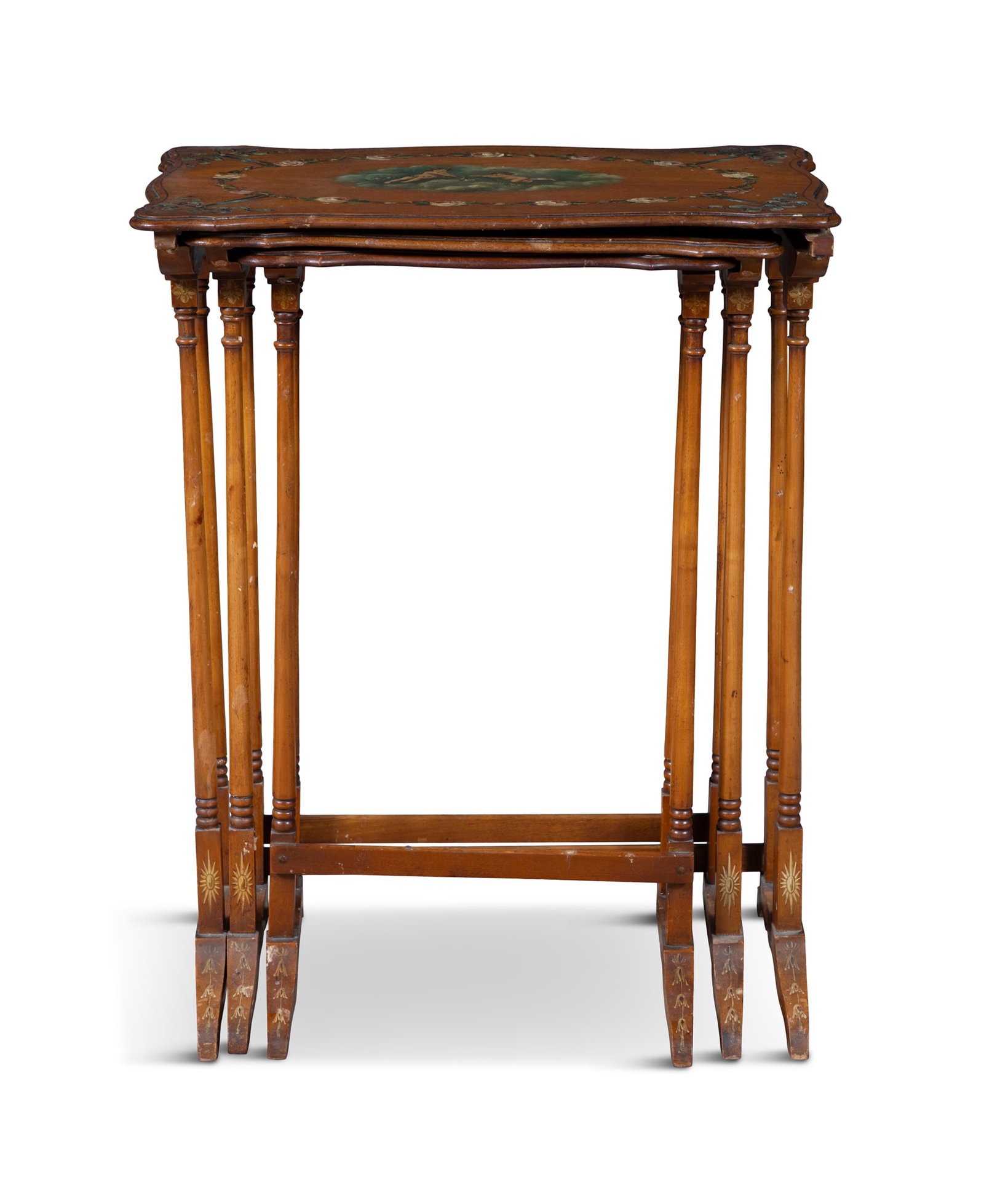 A NEST OF THREE PAINTED SATINWOOD OCCASIONAL TABLES shaped rectangular tops each painted with (1 of 9)