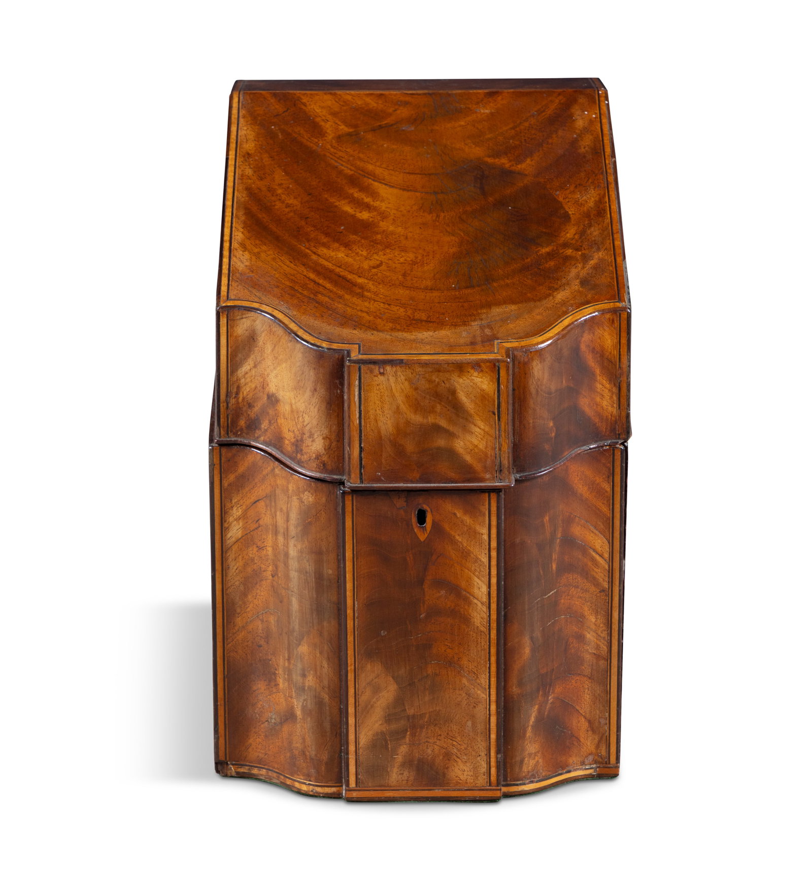 A GEORGE III MAHOGANY SLOPE FRONT KNIFE BOX With flamed exterior and narrow satinwood bonding, (1 of 5)