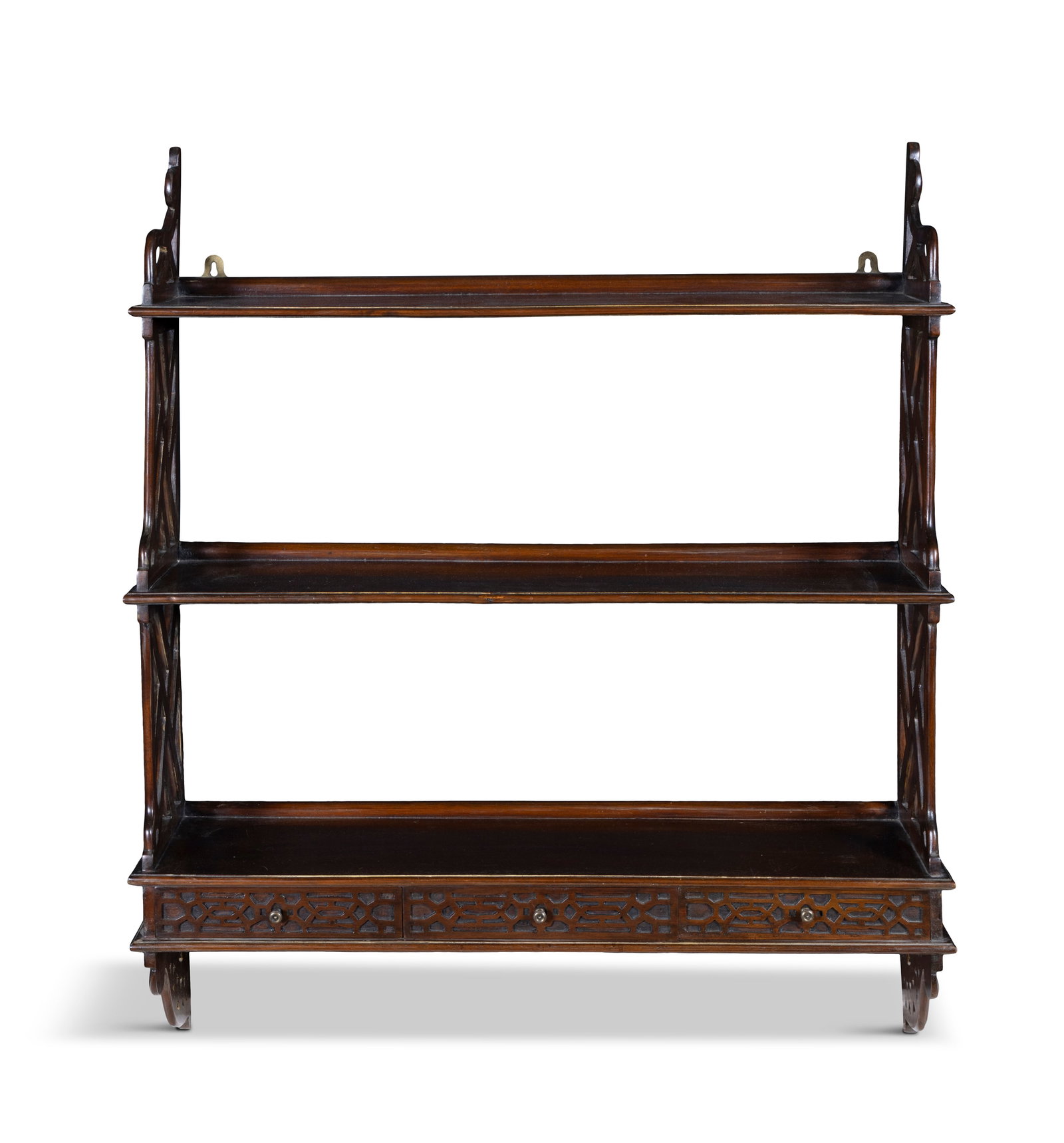 A SET OF EDWARDIAN MAHOGANY HANGING SHELVES 90.5cm high, 7.35cm wide, 20cm deep: A SET OF EDWARDIAN MAHOGANY HANGING SHELVES 90.5cm high, 7.35cm wide, 20cm deep