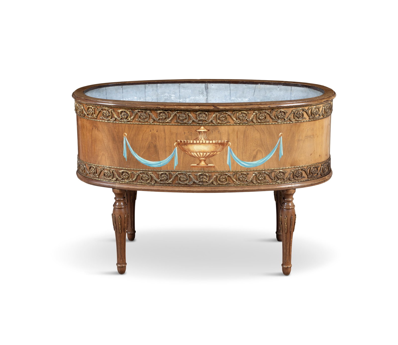 A MAHOGANY AND GILT METAL MOUNTED JARDINIÉRE, with zinc liner, painted with ribbon ties and: A MAHOGANY AND GILT METAL MOUNTED JARDINIÉRE, with zinc liner, painted with ribbon ties and classical urn. 60cm high, 87cm wide, 46cm deep