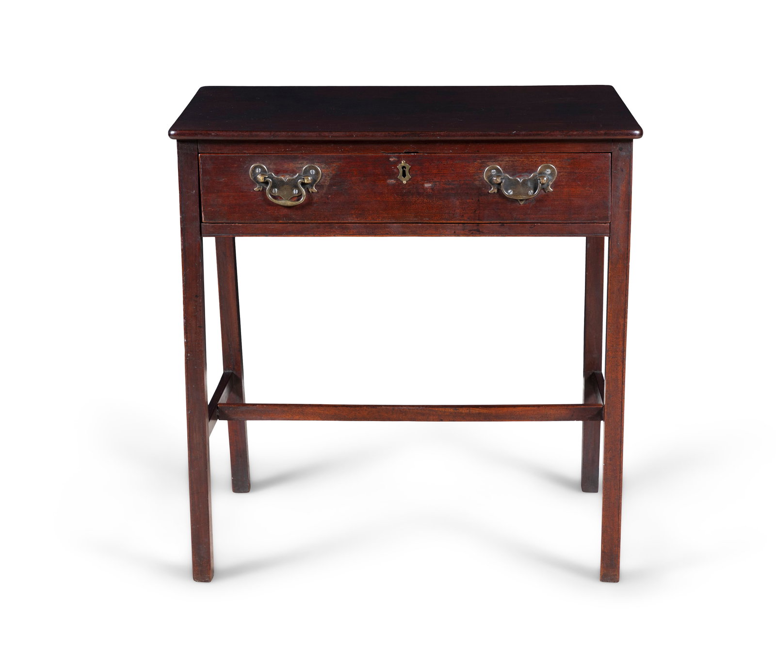 A GEORGE III MAHOGANY CHAMBER TABLE, with single frieze drawer and H-shape stretcher. 72cm high x: A GEORGE III MAHOGANY CHAMBER TABLE, with single frieze drawer and H-shape stretcher. 72cm high x 68cm wide x 47cm deep