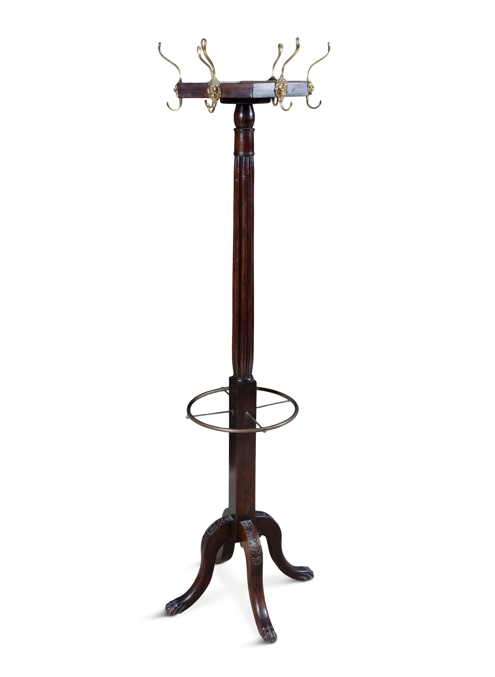 A MAHOGANY AND BRASS MOUNTED HAT AND COAT STAND, 19TH CENTURY, the top section with six lion mask (1 of 3)