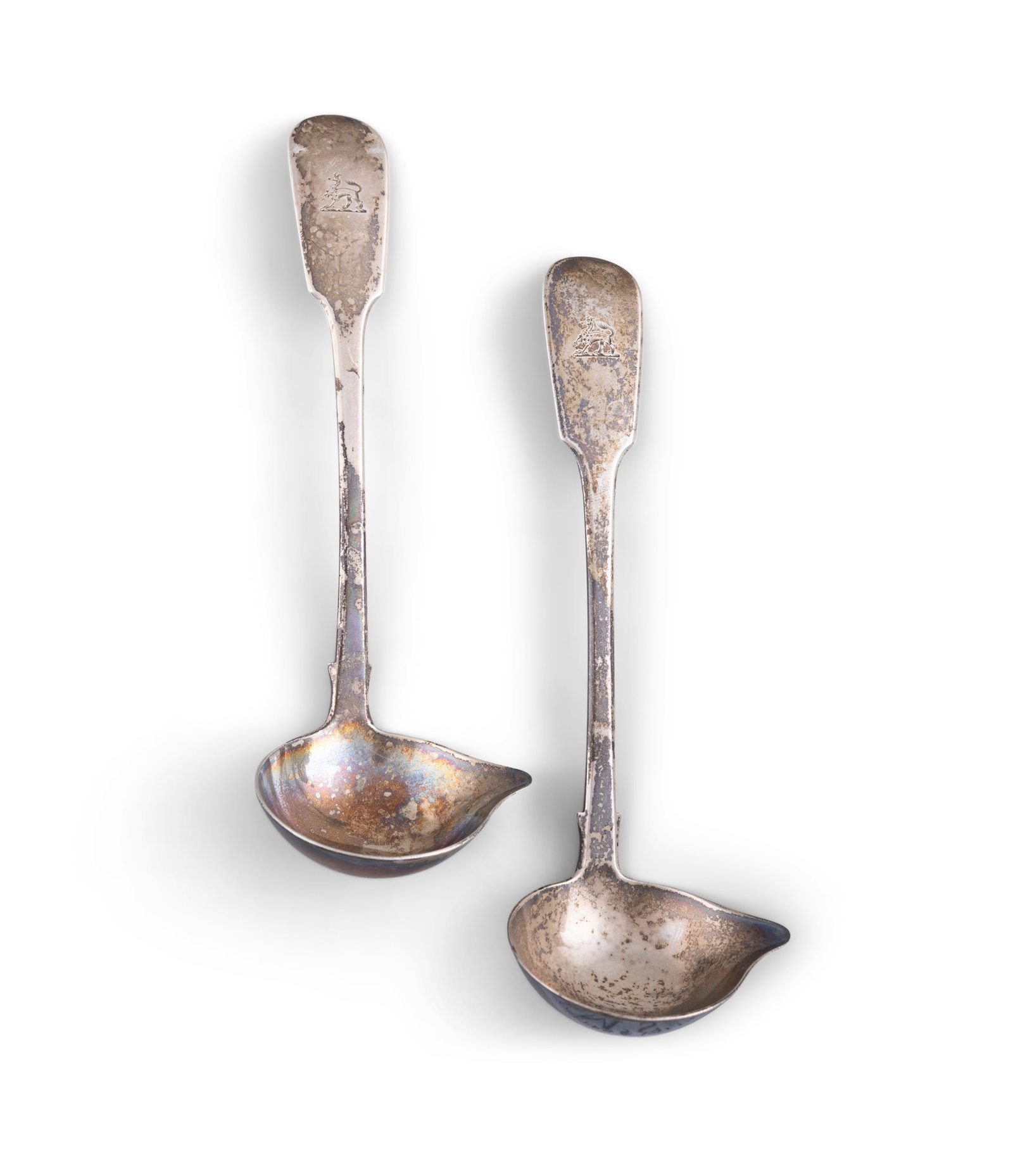 A PAIR OF IRISH VICTORIAN SILVER FIDDLE PATTERN TODDY LADLES Dublin c.1846, mark of George (1 of 4)