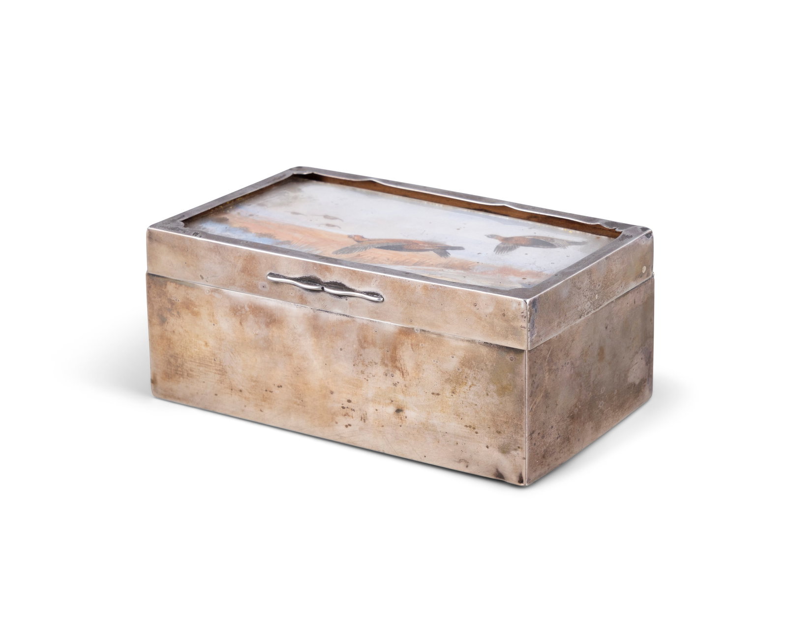 A SILVER CIGARETTE BOX, Chester 1911, of rectangular form, the hinged top inset with painted scene (1 of 3)