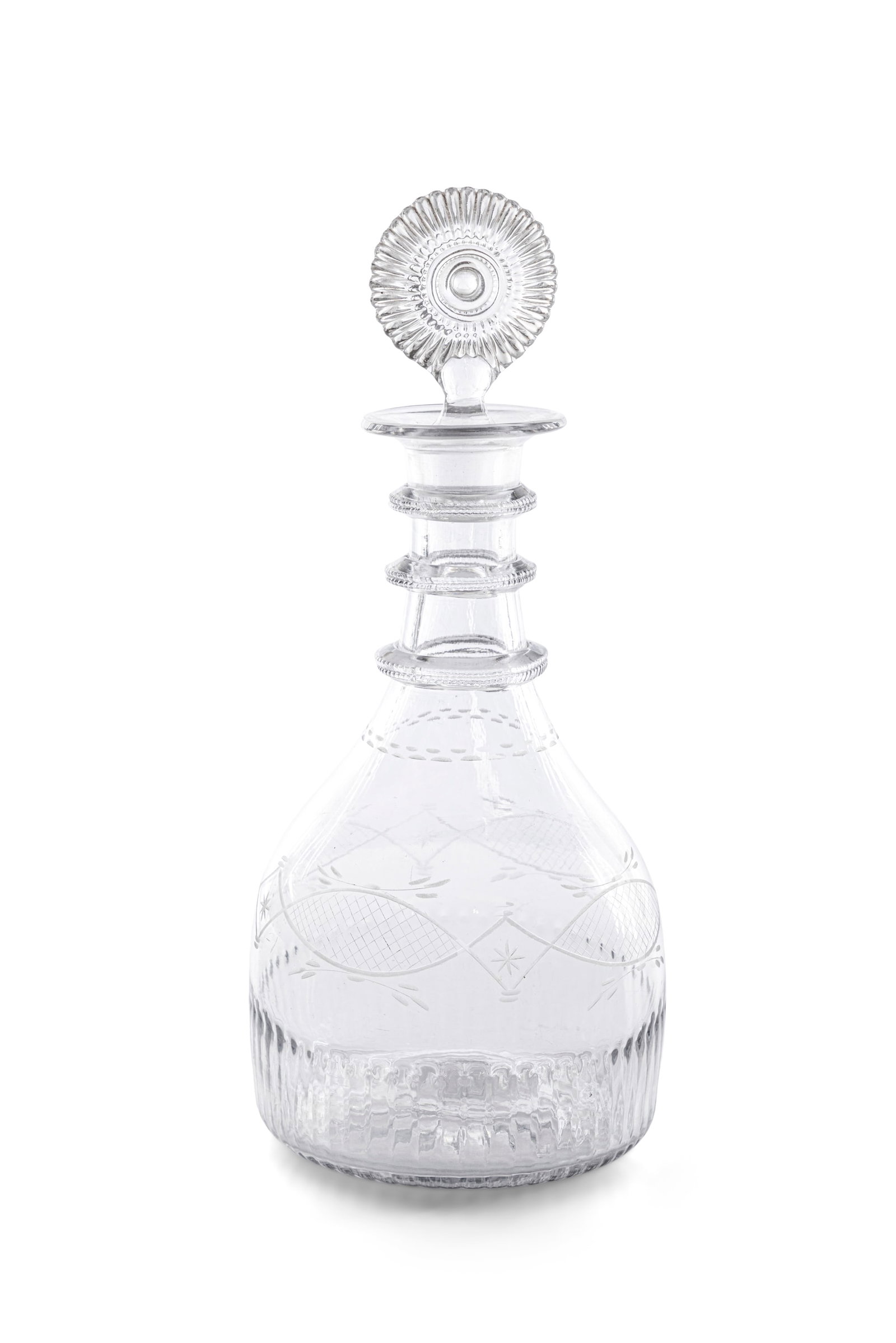 A CORK GLASS COMPANY CLUB SHAPED DECANTER AND STOPPER, CIRCA 1800 moulded mark to base, with three (1 of 4)