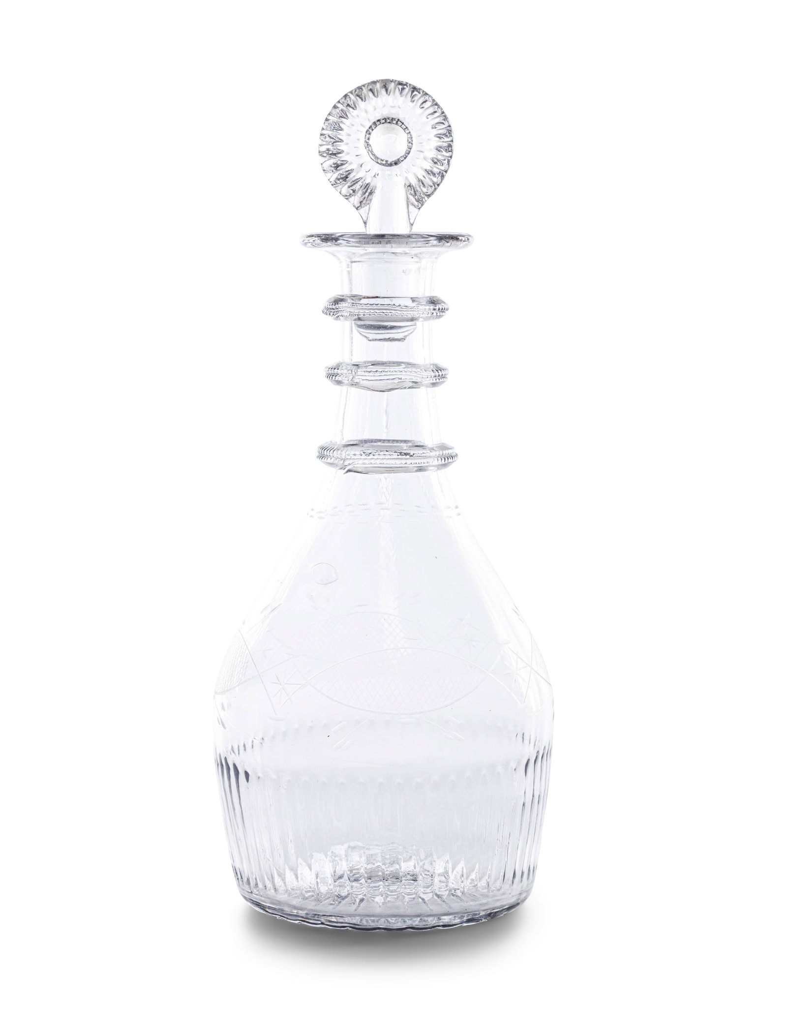 A CORK GLASS COMPANY CLUB SHAPED DECANTER, CIRCA 1800 moulded mark to base, with three rings to (1 of 5)