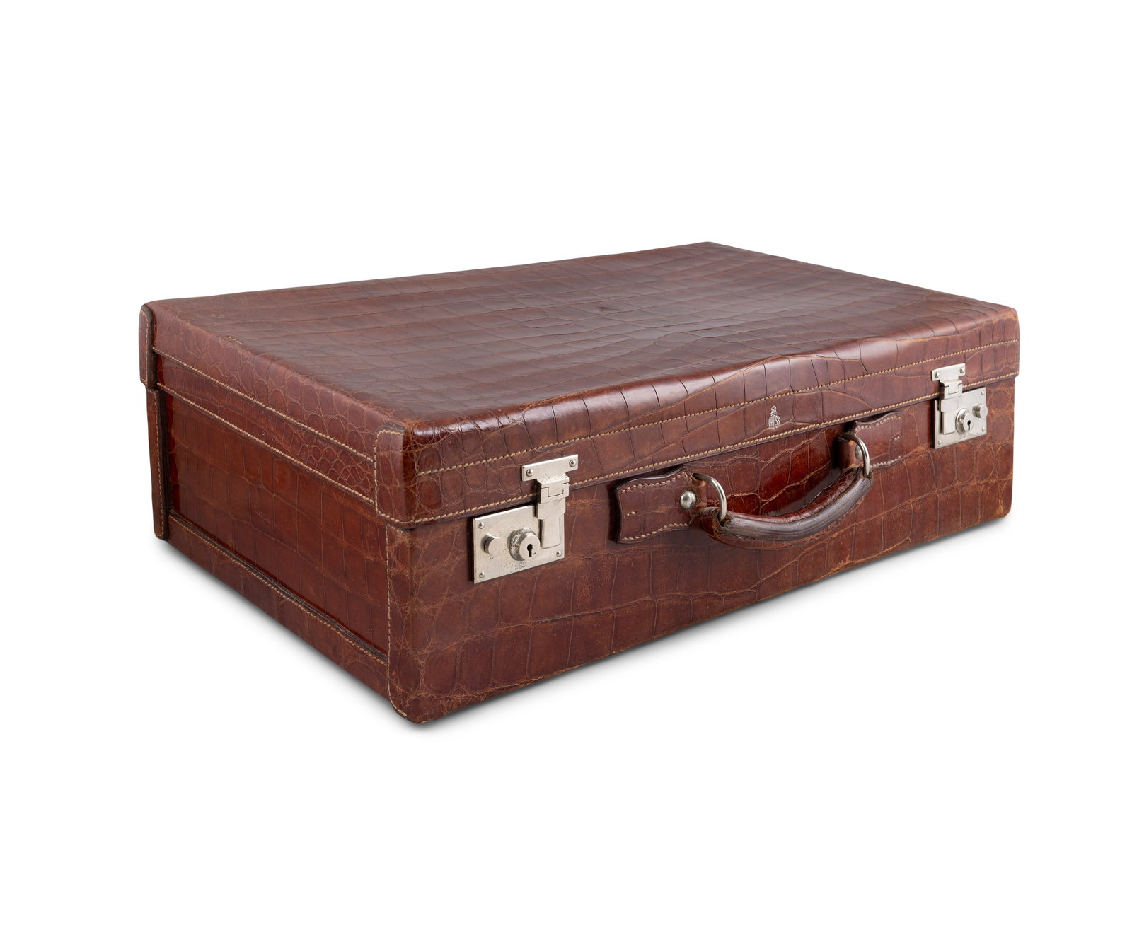 A 1930S MARK CROSS ALLIGATOR SKIN TRAVELLING SUITCASE rectangular form, with carrying handle, with (1 of 9)