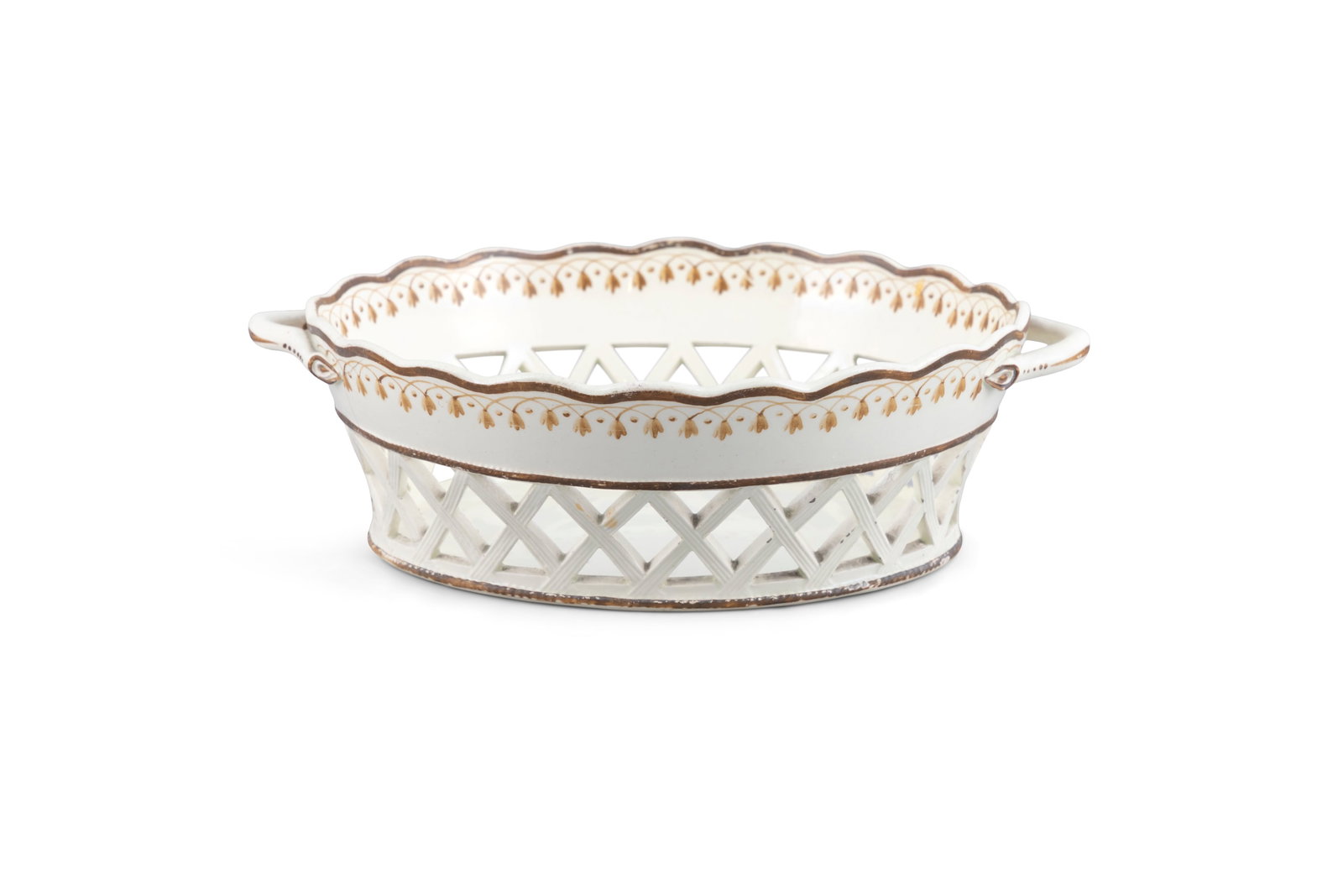 A WEDGWOOD PAINTED CREAMWARE BASKET, 18TH CENTURY oval form, with wavy rim, painted with leafy (1 of 3)