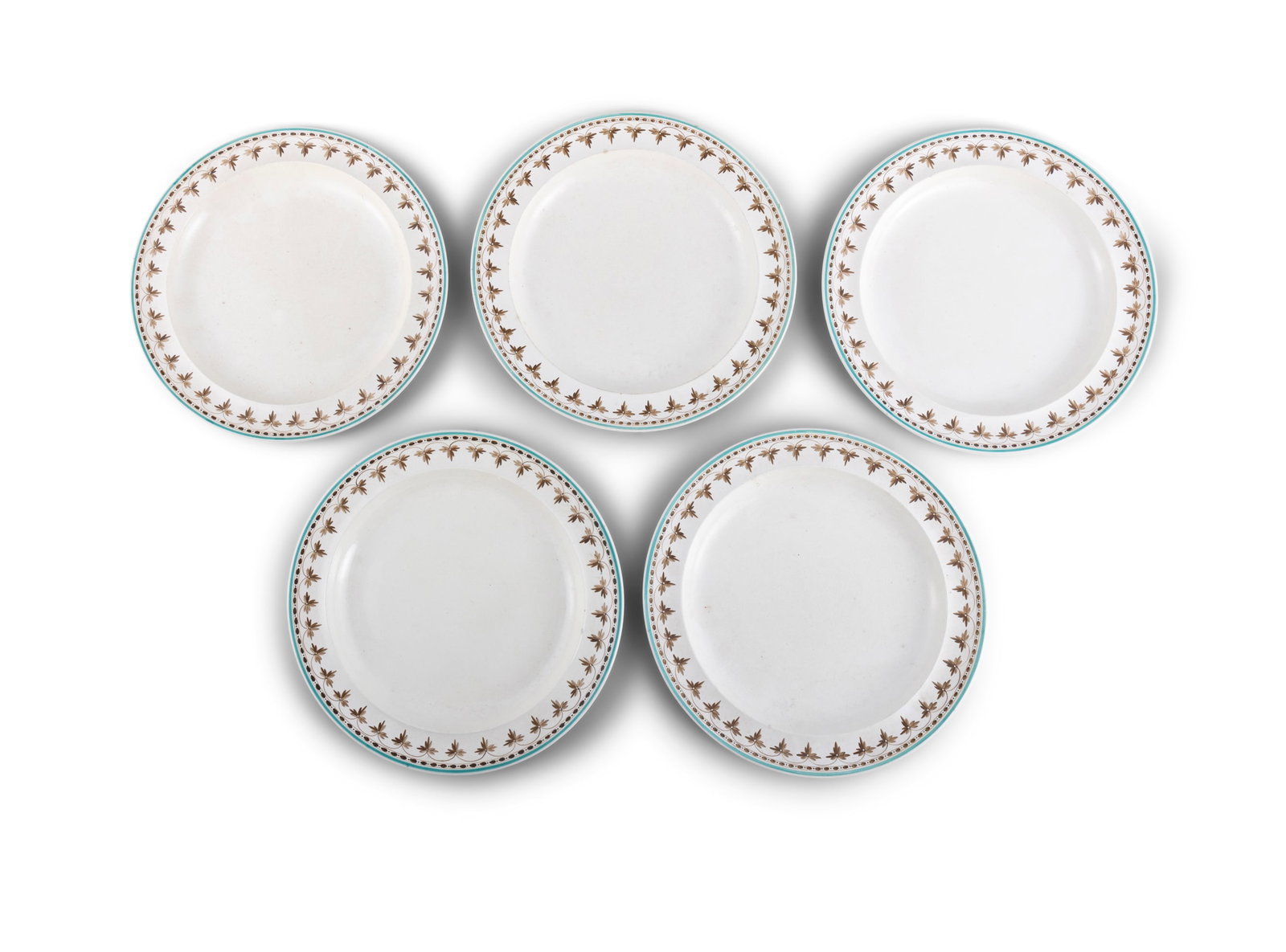A COLLECTION OF FIVE WEDGWOOD PAINTED CREAMWARE PLATES, 18TH CENTURY with turquoise border and (1 of 4)