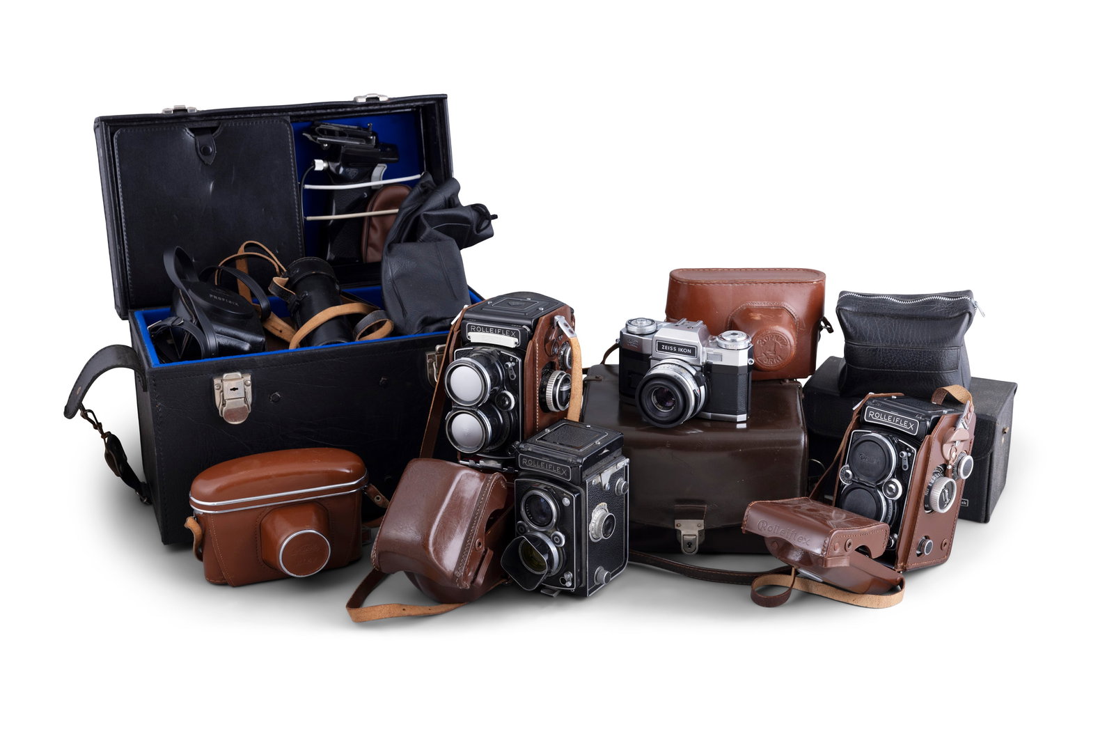 A COLLECTION OF VINTAGE CAMERAS including - Three Rolleiflex examples with original cases, (1 of 5)