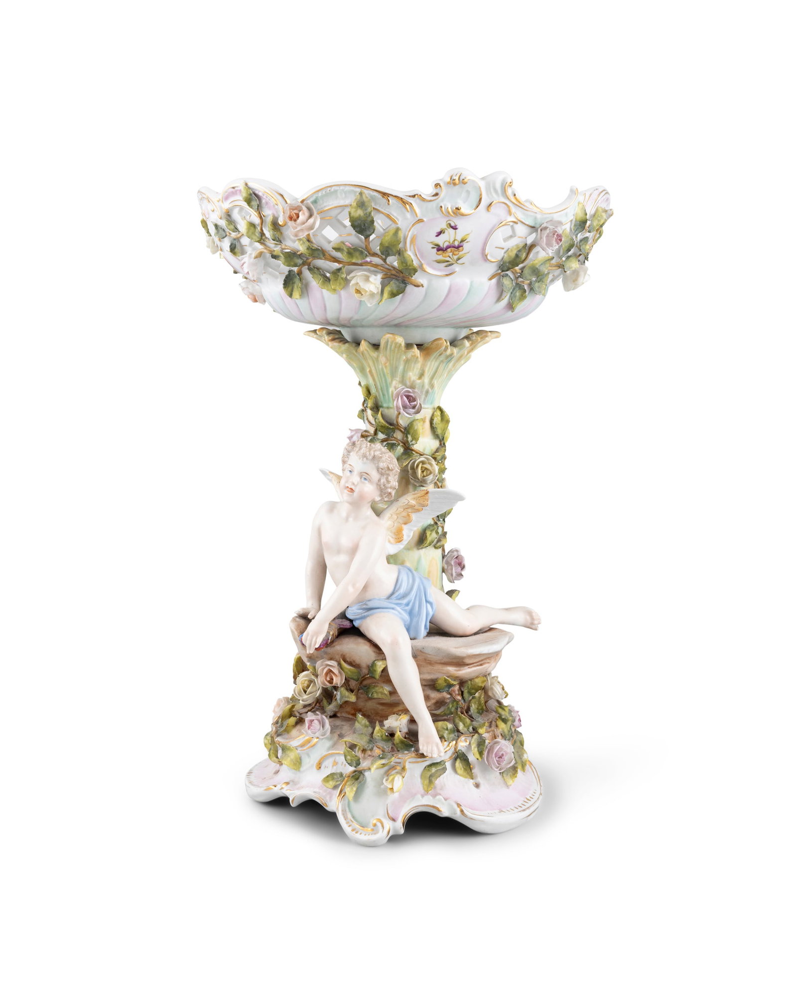 A ROCOCO REVIVAL TAZZA CENTREPIECE, 19TH CENTURY, The pierced bowl supported by a naturalistic (1 of 5)