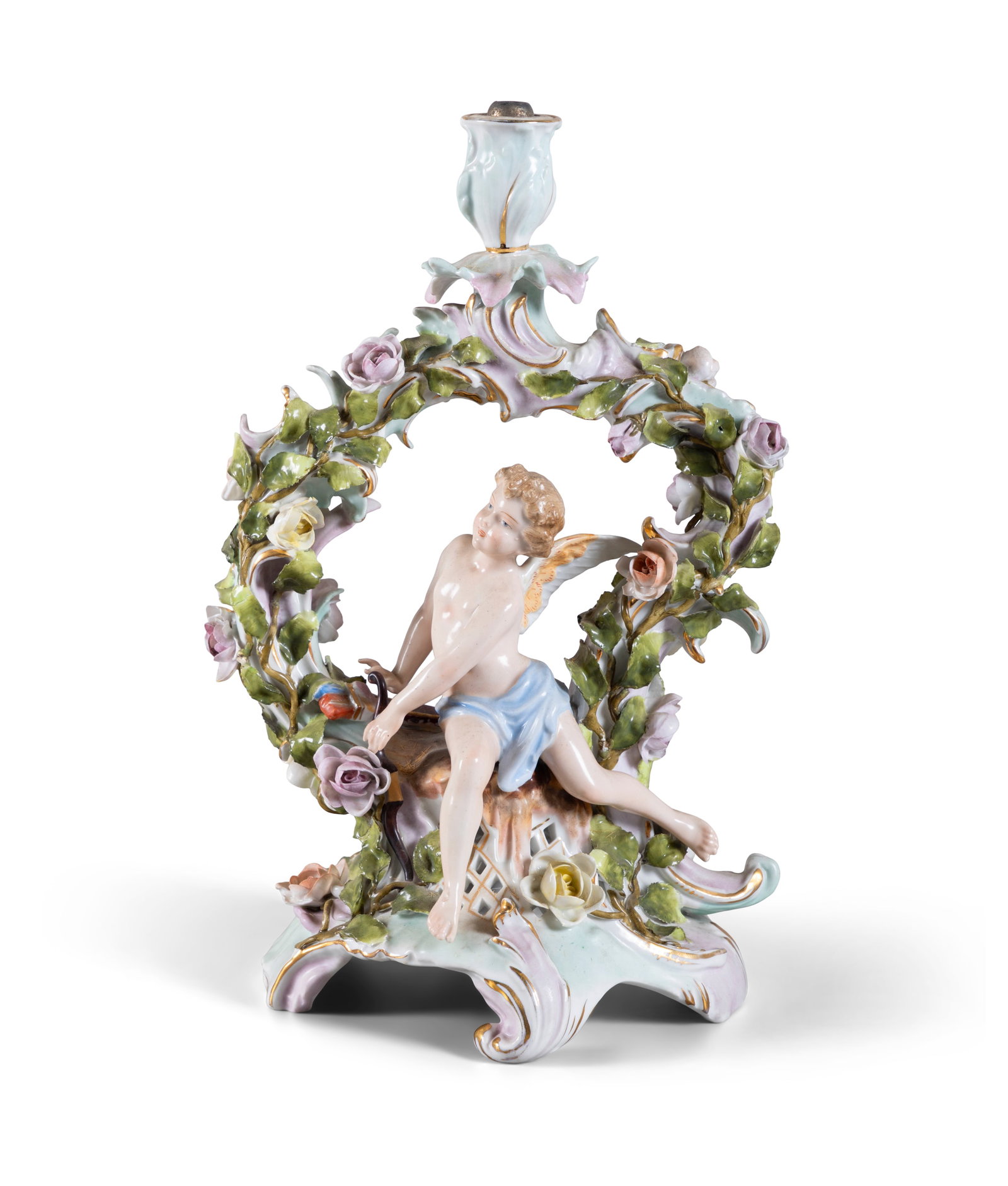 A GERMAN PORCELAIN CANDLESTICK, 19TH CENTURY, the sconce supported by a floral arch with seated (1 of 9)
