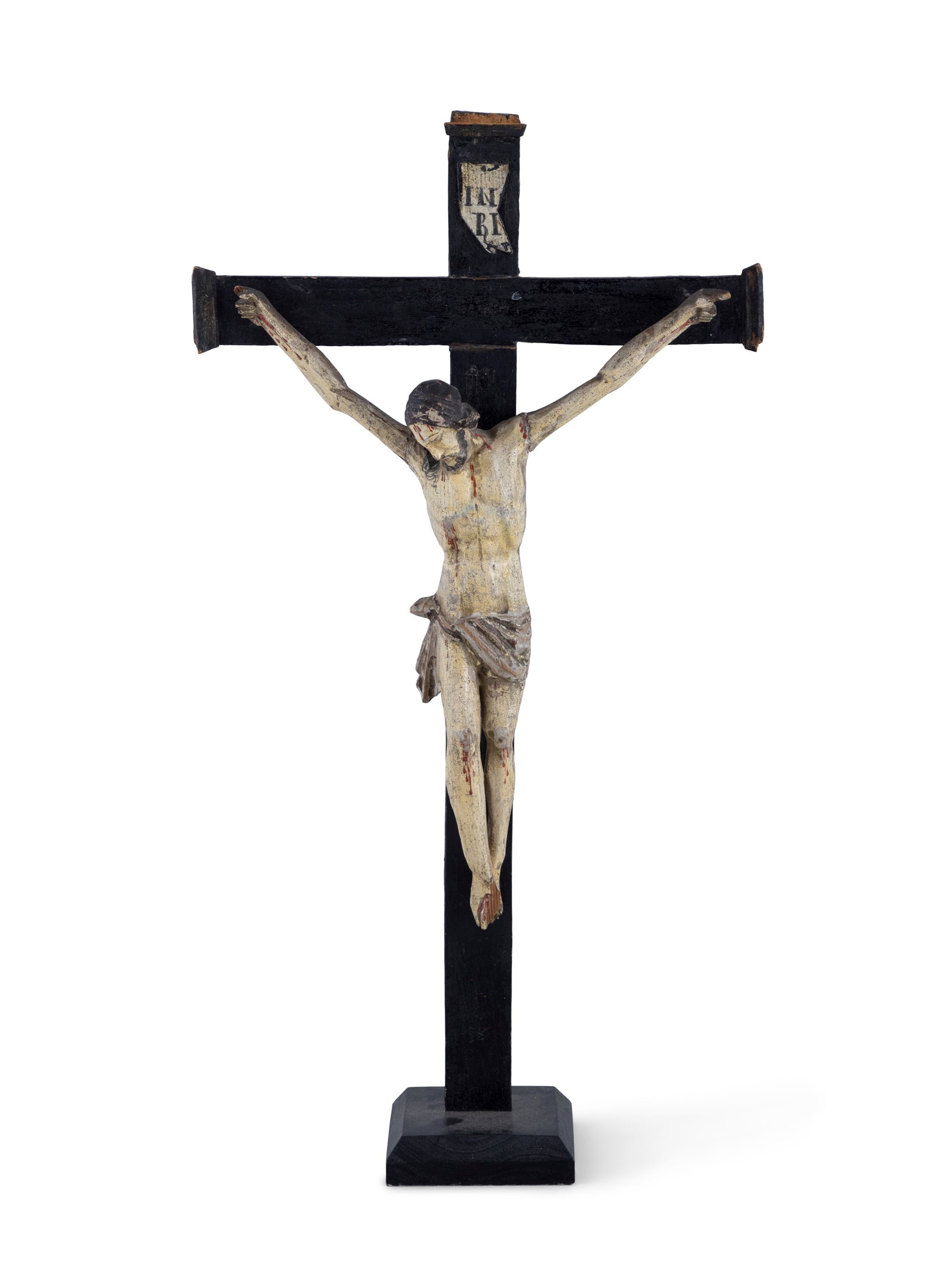 AN ITALIAN CARVED AND POLYCHROMED WOOD CRUCIFIX in the gothic style, the Corpus Christi with head (1 of 5)
