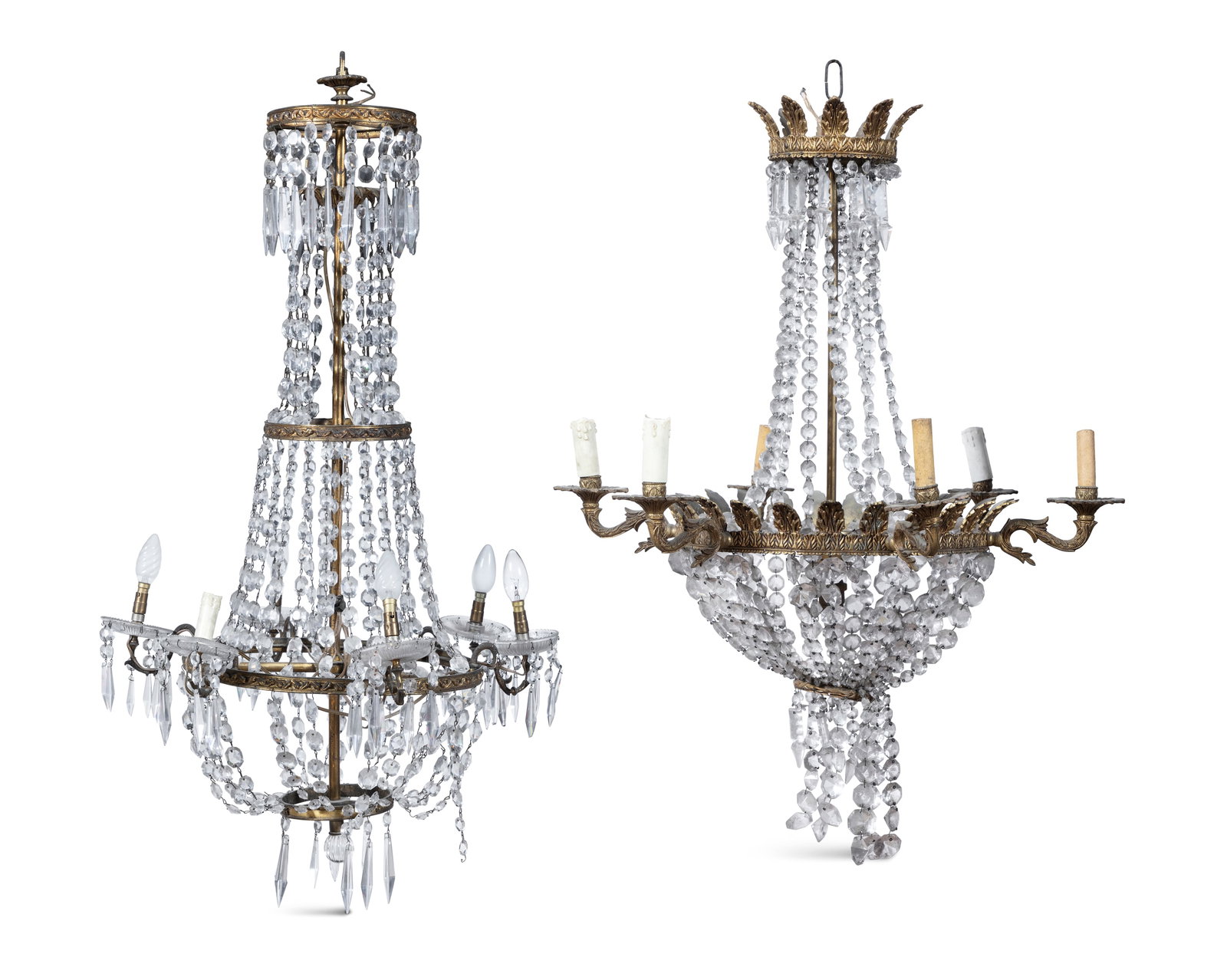 TWO CUT-GLASS SIX-LIGHT BASKET CHANDELIERS (E) one with leaf carved corona hung with rows of (1 of 8)