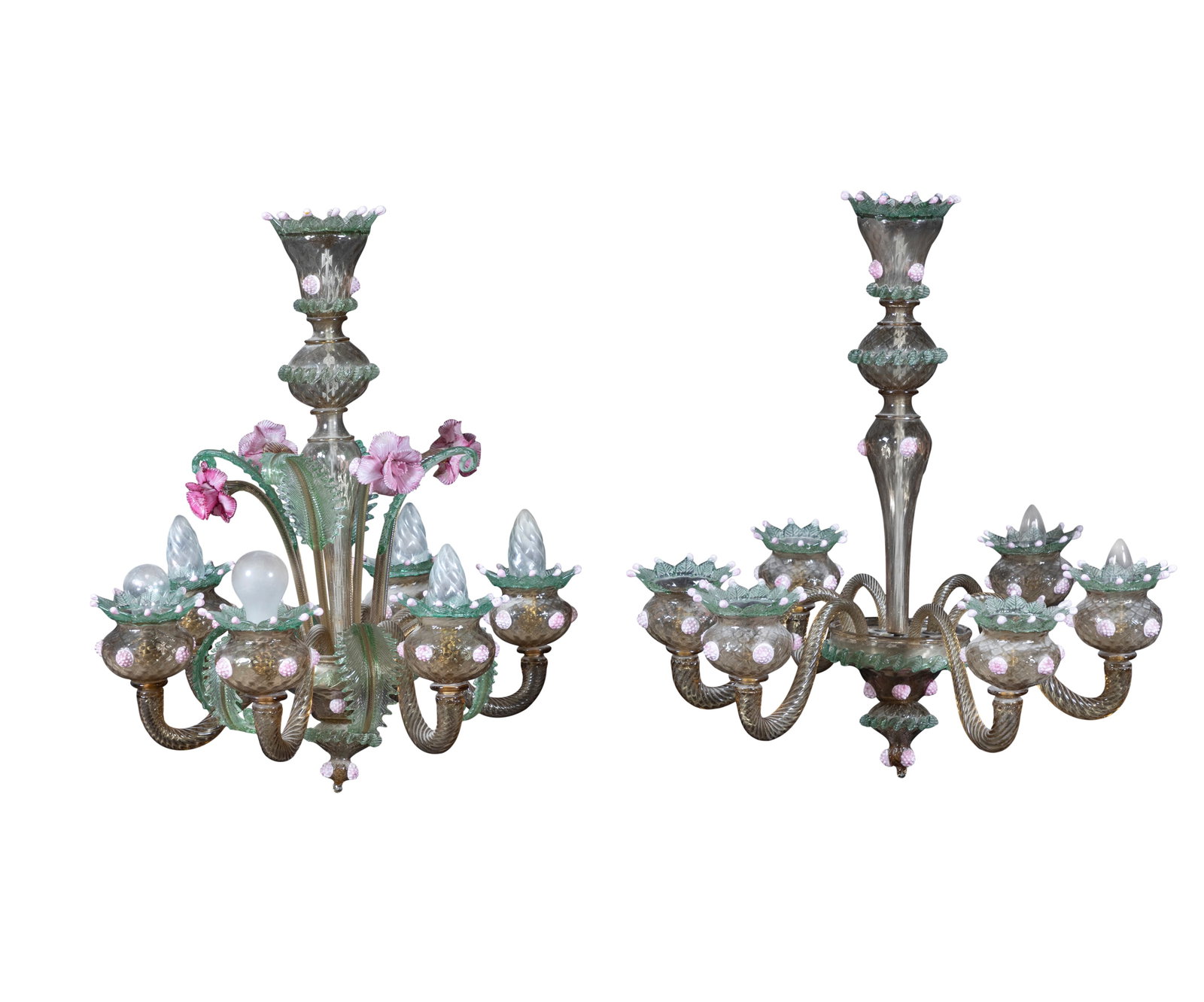 A PAIR OF VENETIAN COLOURED AND MOULDED GLASS, SIX LIGHT CHANDELIERS, (E) each suspended from a (1 of 7)
