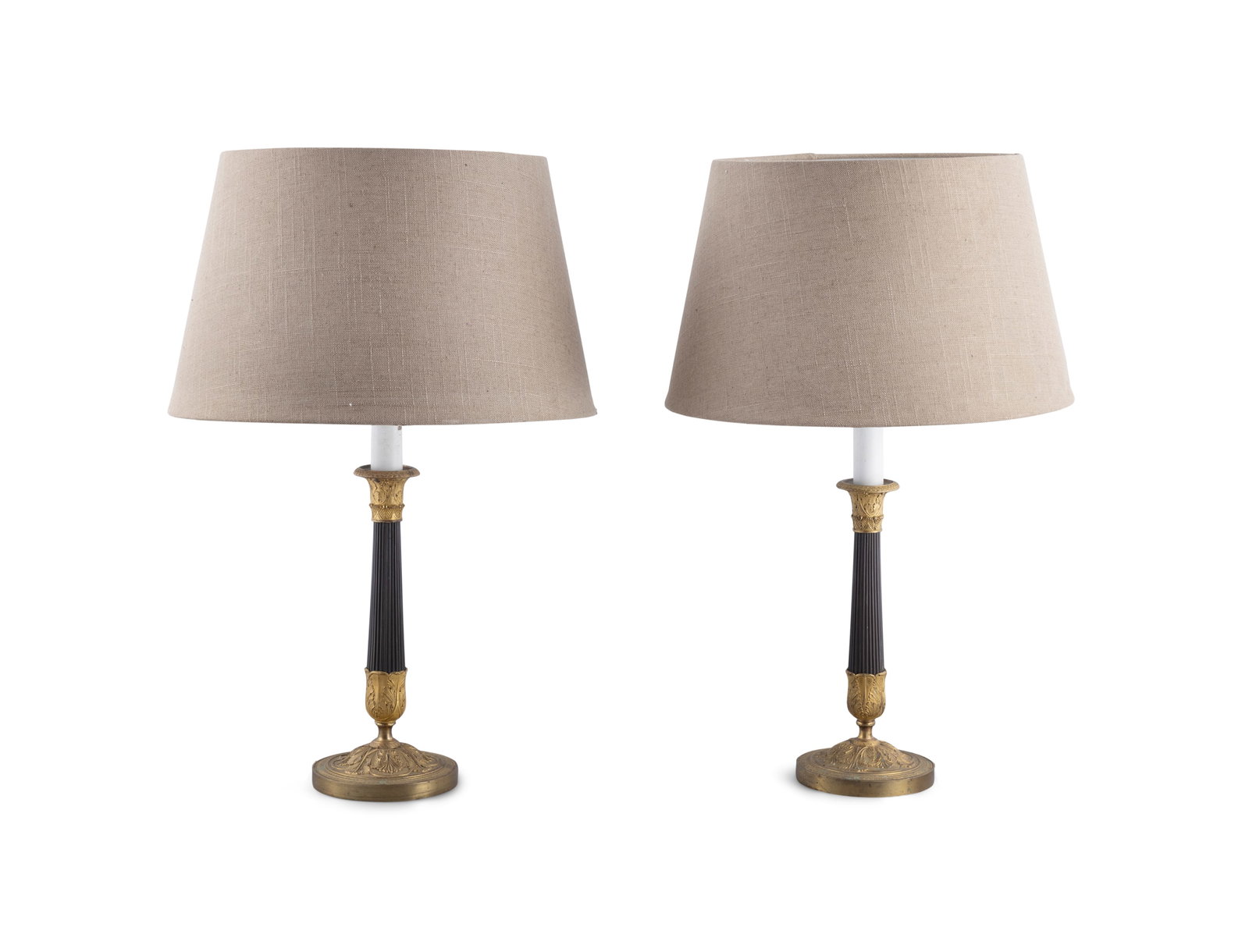 A PAIR OF ORMOLU AND BLACK PAINTED TABLE LAMPS (E) fluted central column, on acanthus capped (1 of 4)
