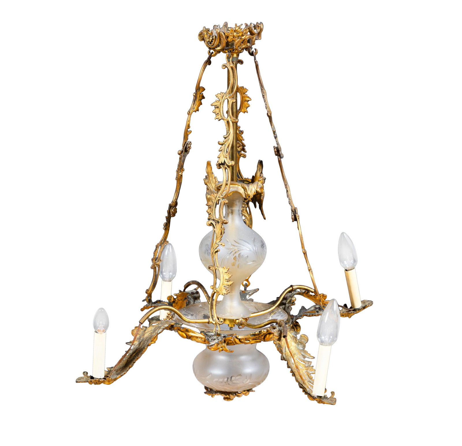 A GILT-METAL AND FROSTED-GLASS FOUR-LIGHT CANDELABRA, LATE 19TH/EARLY 20TH CENTURY (E) The central (1 of 3)
