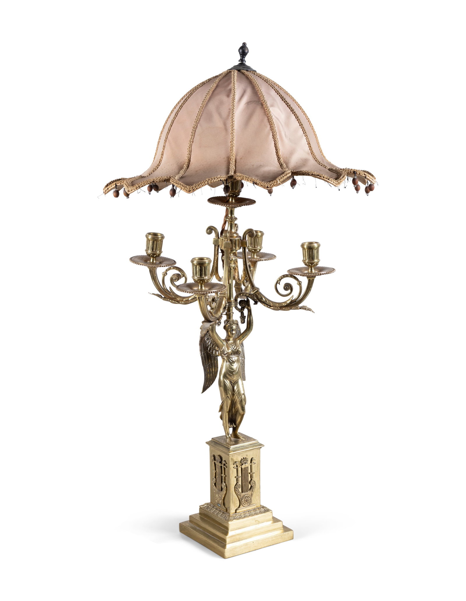 A HEAVY BRASS FIVE-ARM CANDELBRA OF FIGURAL FORM, (E) the stem supported by a winged Classical (1 of 6)