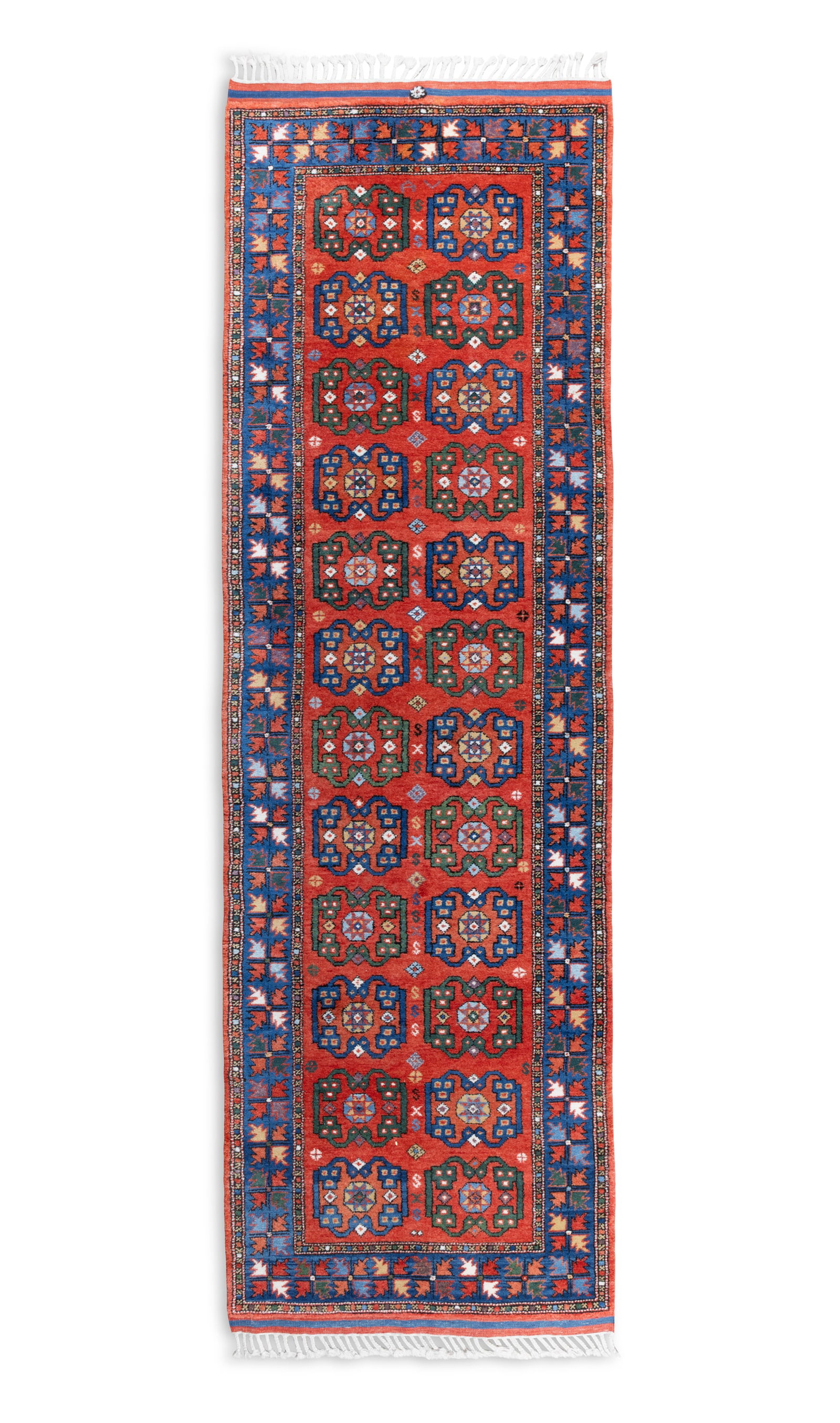 A TURKISH DOBAG RUNNER. 304 X 94CM woven with soft red and blue tones, the oblong field woven with (1 of 6)
