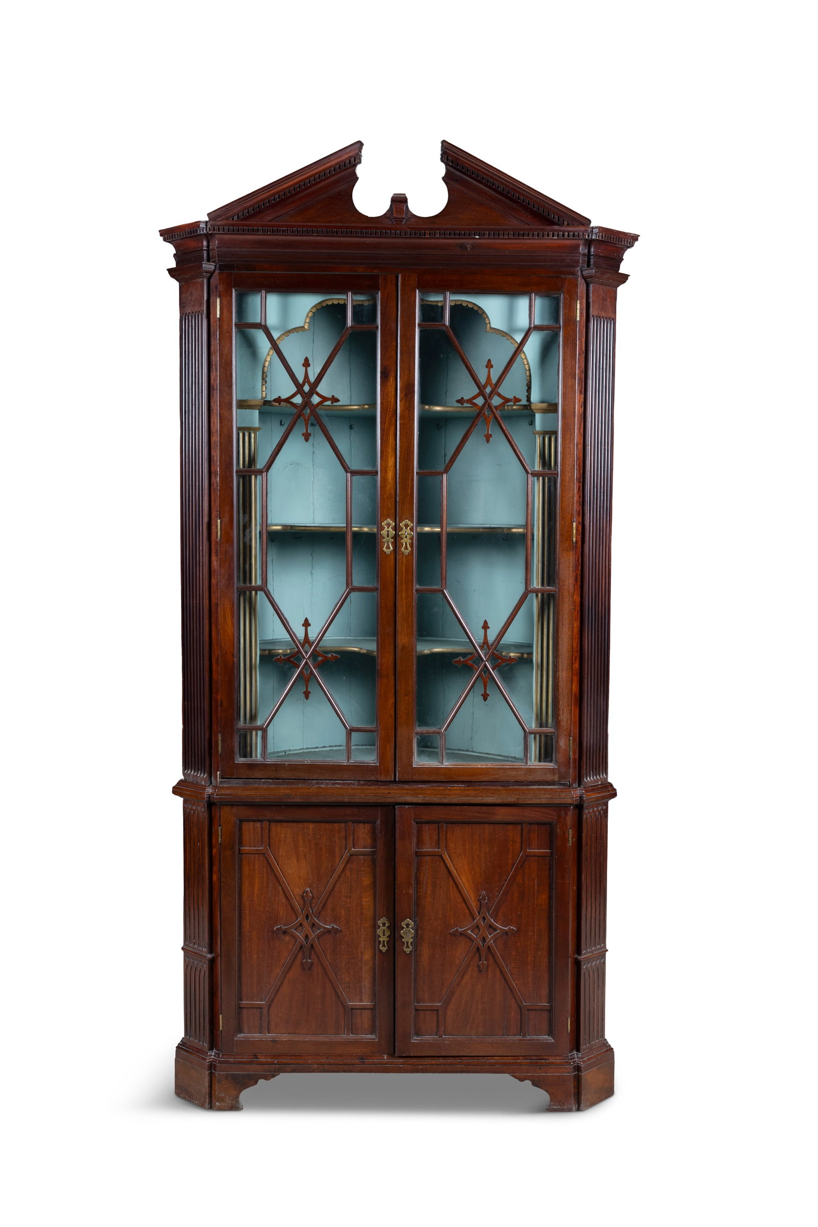 A GEORGE III MAHOGANY CORNER CABINET, in two sections, the upper section of architectural form with (1 of 8)