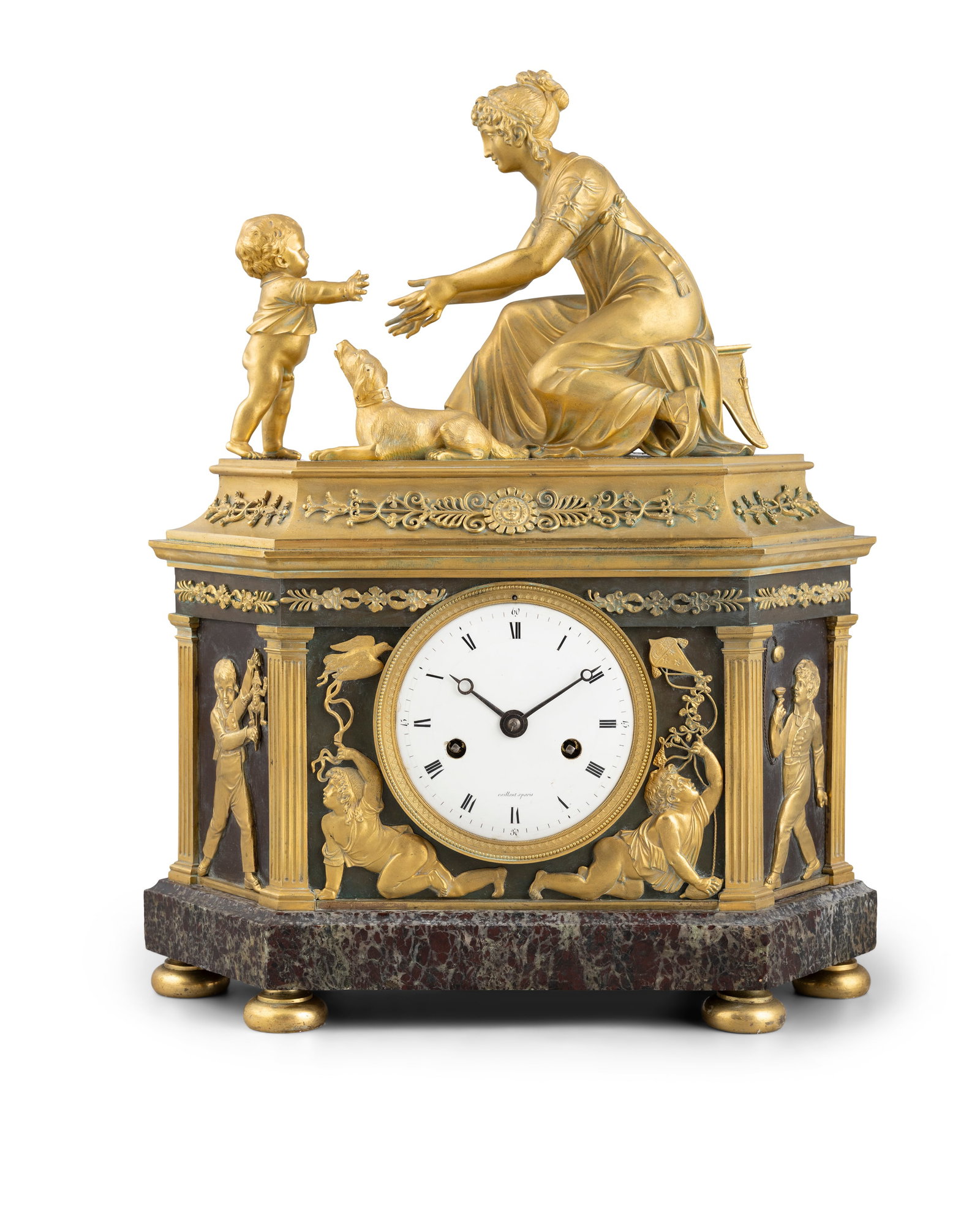 A FRENCH BRONZE AND ORMOLU MOUNTED MANTEL CLOCK, 19TH CENTURY, the dial signed 'Vaillant, a Paris', (1 of 6)
