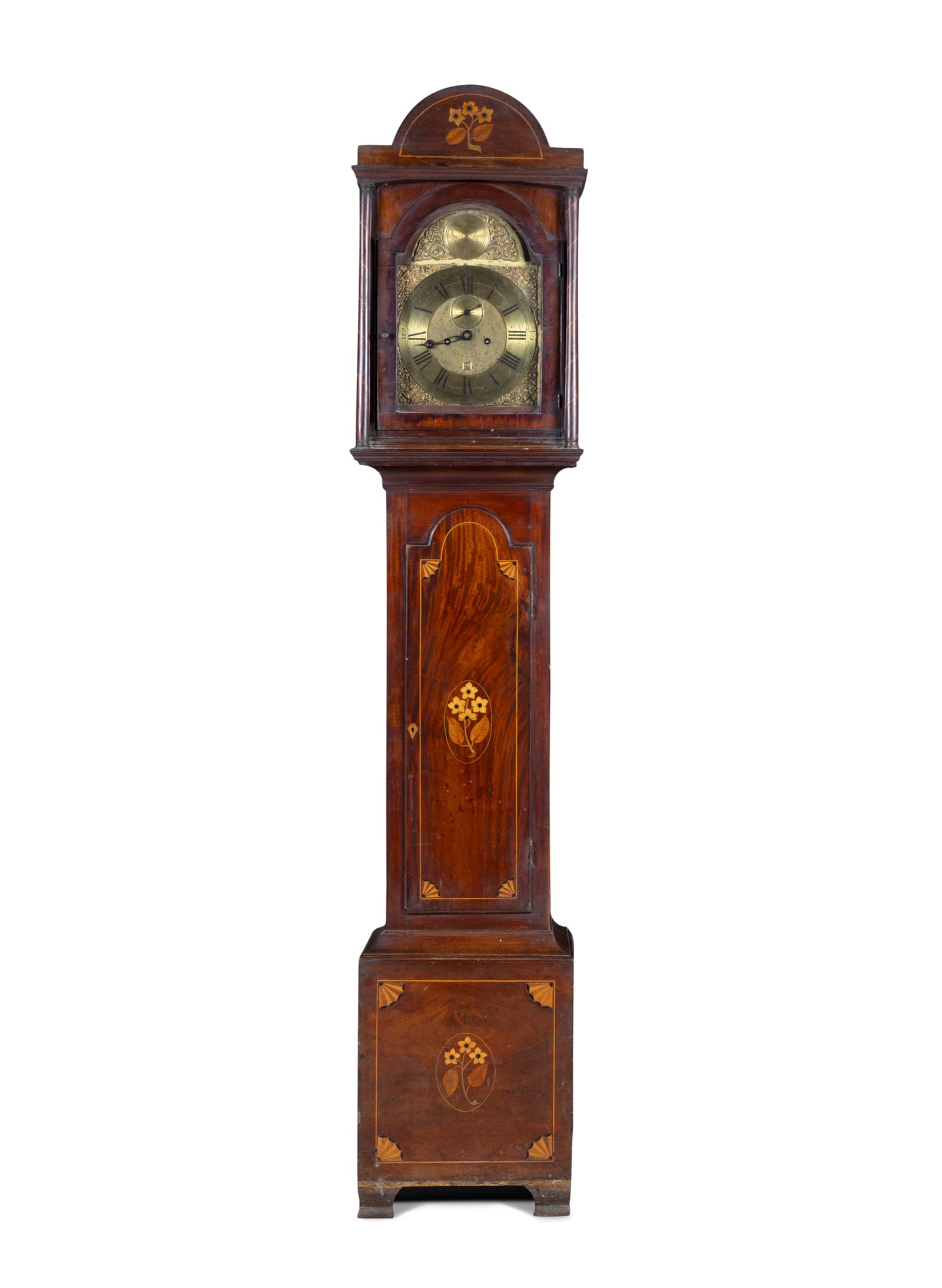 AN IRISH MAHOGANY AND MARQUETRY INLAID LONGCASE CLOCK, BY WILLIAM ROSS, CORK with gilt brass dial, (1 of 6)