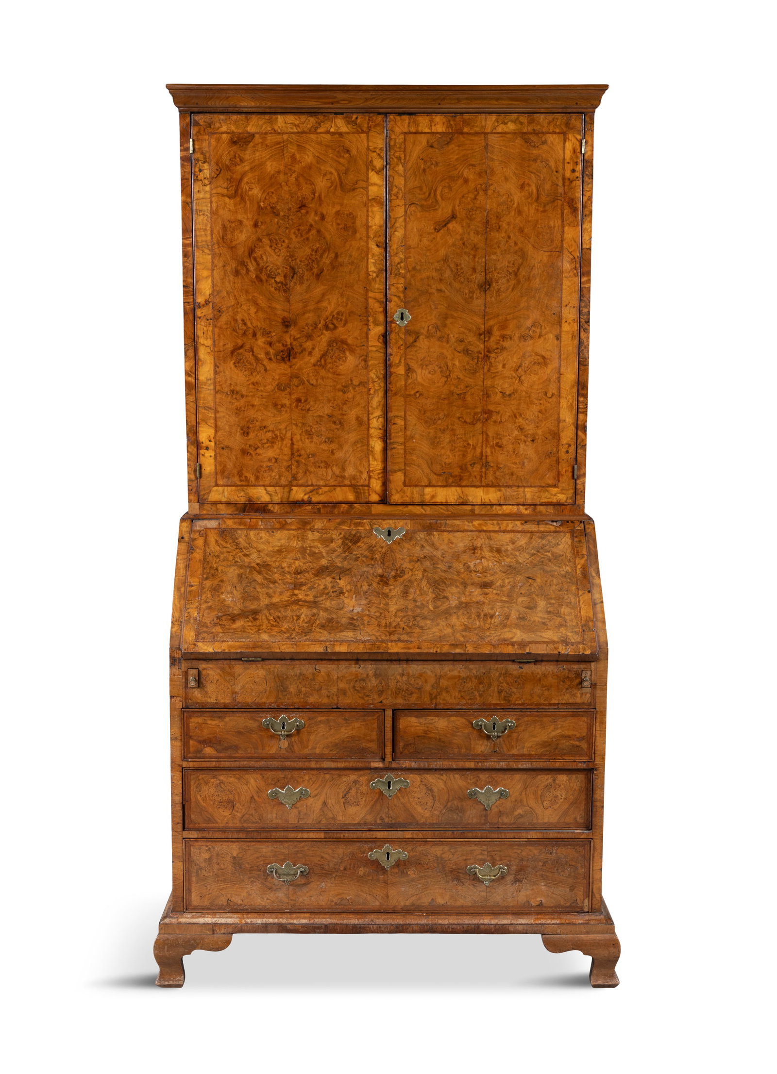 A GEORGE III WALNUT BUREAU BOOKCASE, the moulded cornice above two fielded doors, opening to a (1 of 7)