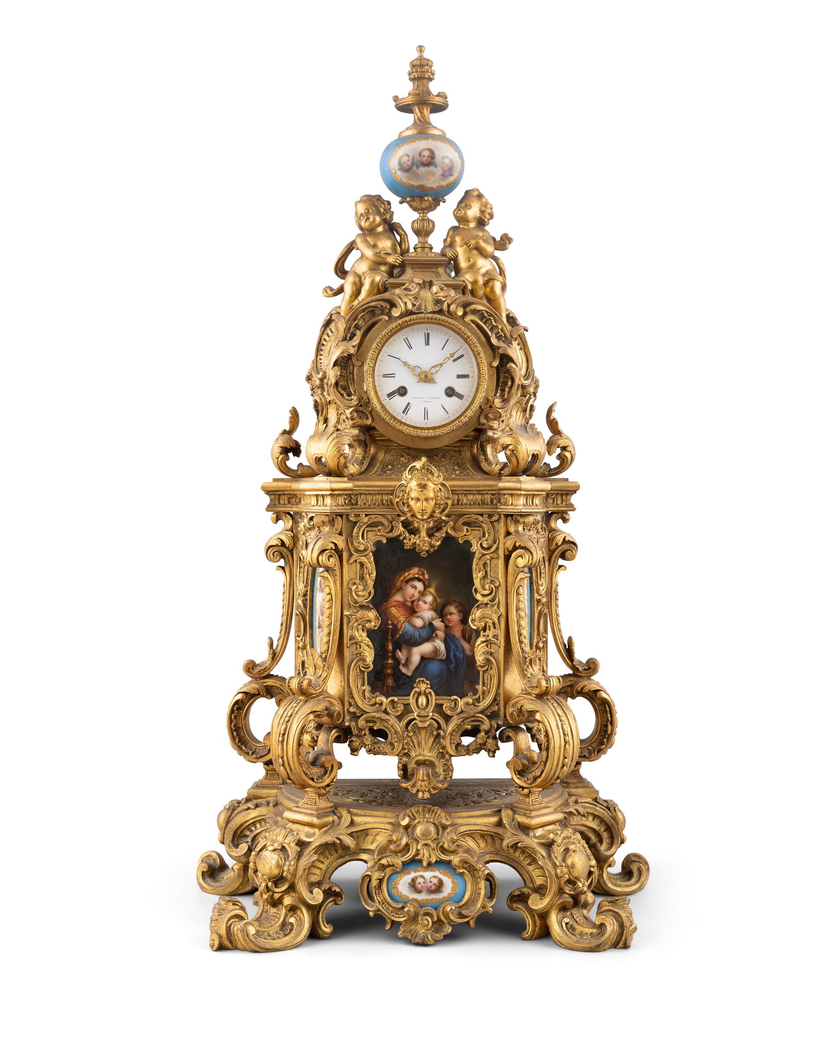A LOUIS XV STYLE GILT-METAL AND PORCELAIN MANTEL CLOCK, ROUILLY & HOOKER, PARIS, LATE 19TH CENTURY, (1 of 8)